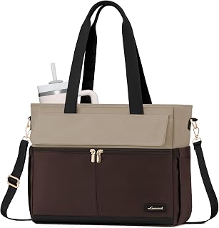 LOVEVOOK Laptop Bag for Women 15.6 Inch Canvas Laptop Large Capacity Work Bags Mutiple Pockets Teacher Bag Water Resistant Computer Bags for Business Travel Nurse, Apricot-coffee