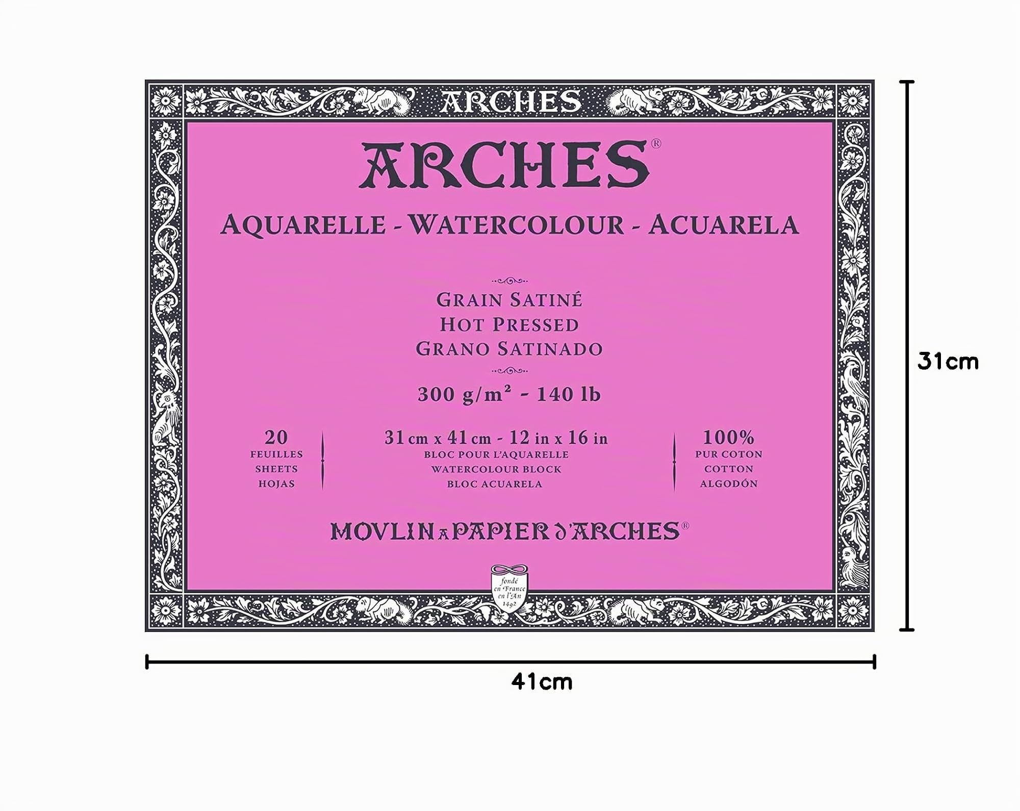 ARCHES Aquarelle - Bloc 20 feuilles 31x41 collé 4 côtés - 300g/m² - grain satiné, blanc naturel, 4 bords francs