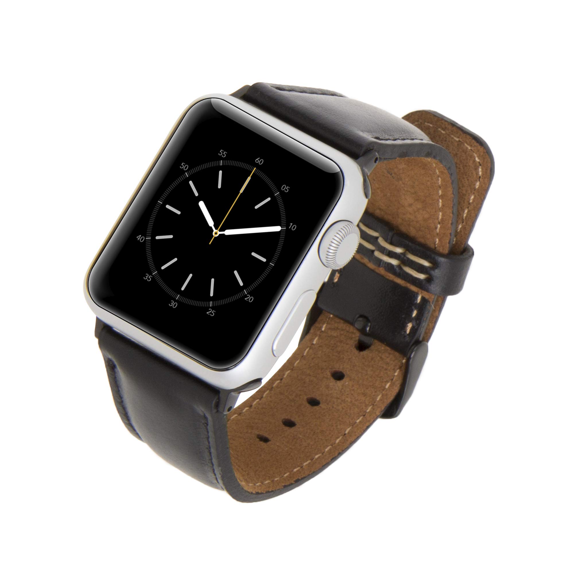 Venito Tuscany Bracelet de montre en cuir fait main compatible avec les montres Apple iWatch Série 5 ainsi que les séries 1, 2, 3, 4 42-44mm Noir rustique avec connecteur et fermoir noirs.