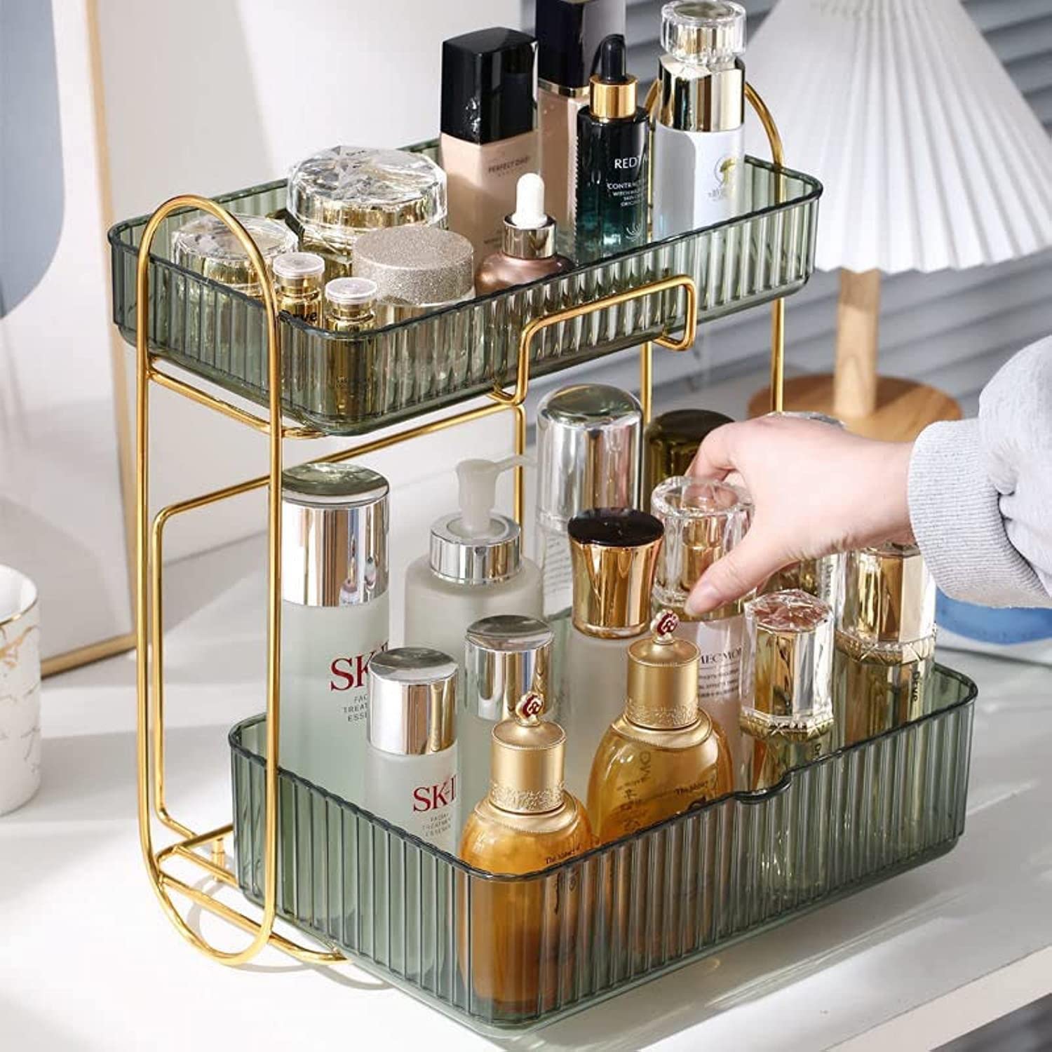 FC22 Stackable Clear Makeup Vanity Organizer,Skin Care Organizer,Cosmetic Case,Organize Cosmetics and Beauty Supplies on a Vanity Makeup Holder Ideal for Bedroom Bathroom Countertop (Green)