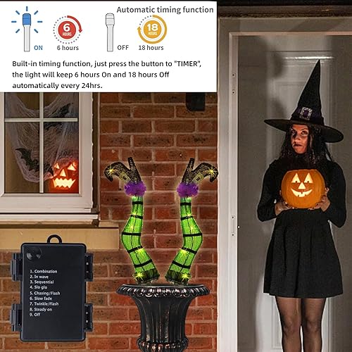 Miniatura 4 de Juegoal Juego de 2 patas de bruja malvada iluminadas de Halloween con estacas, accesorio de bruja de oropel iluminado de 22 pulgadas, temporizador