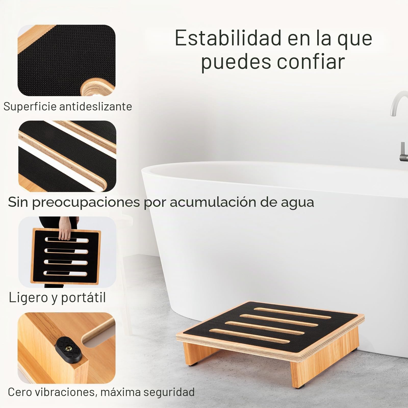 StrongTek Escalón de Madera 1 Peldaño Antideslizante 200 kg | Elevador portátil de madera de un escalón con cubierta de goma antideslizante y soporte de hasta 200 kg