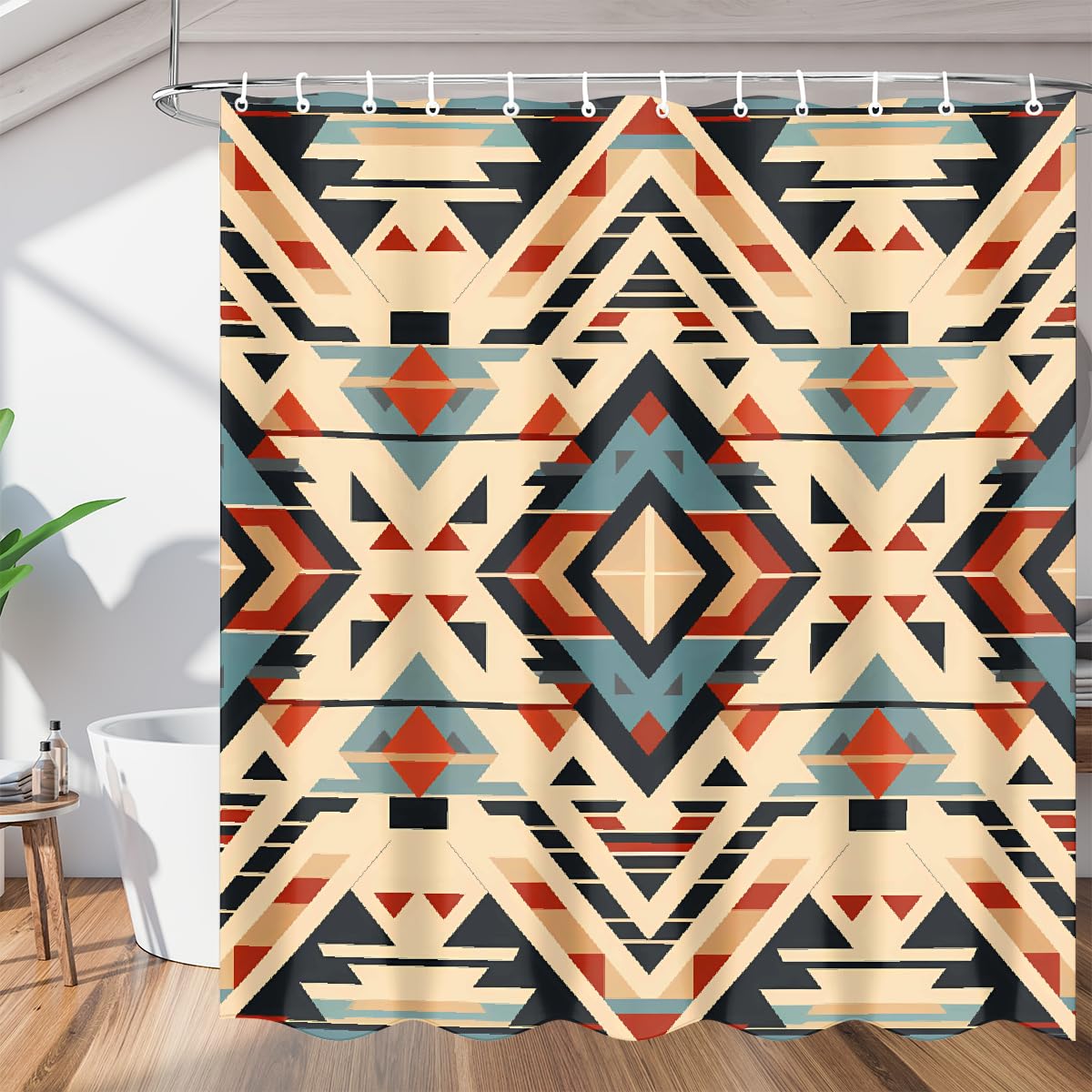 Mexpekil Shower Curtain, Bathroom Shower Curtain 168 x 183 cm, Waterproof Polyester Bathtub Curtains with Grommets & Hooks, Retro Aztec Geometric Pattern