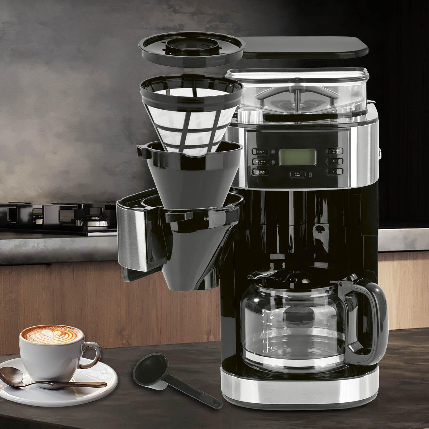 Barista Kaffee & Technik ekspres do kawy z filtrem z młynkiem ze szklanym dzbankiem | ze szklanym dzbankiem na maks. 10 dużych filiżanek kawy | do ziaren kawy i zmielonej kawy