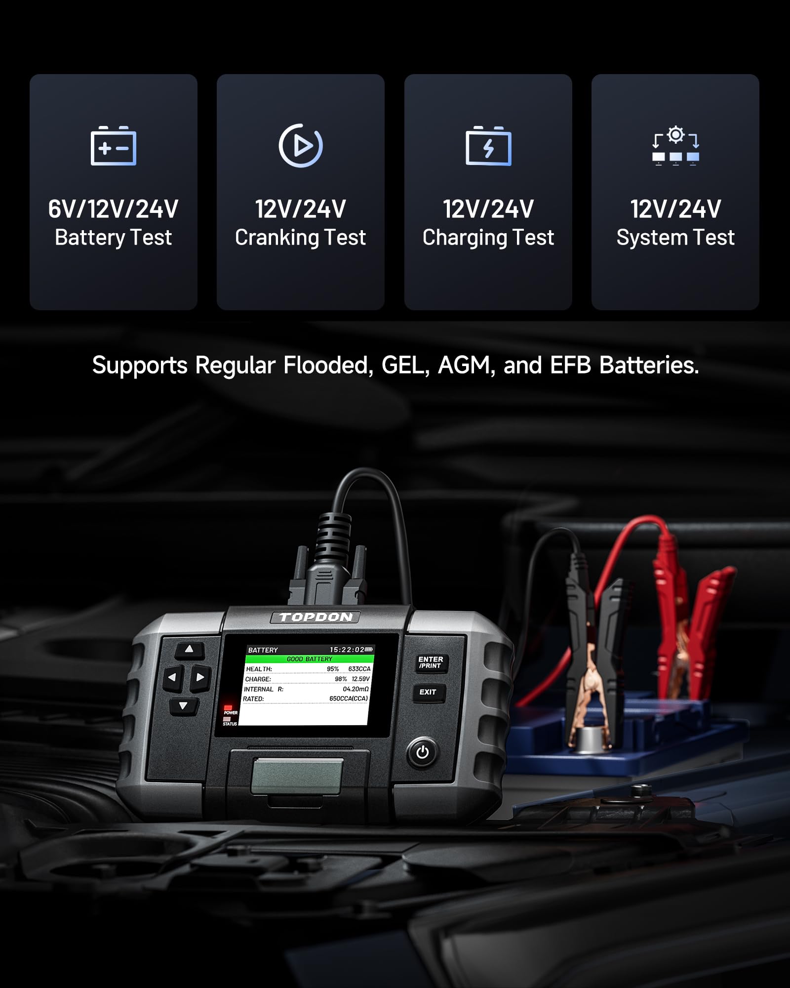 TOPDON Testeur Batterie Voiture BT600 Plus, Tests de Batterie 6V/12V/24V, 100-2000 CCA, Test de Démarrage/Charge/Système 12V/24V, Testeur de Batterie Auto avec Imprimante Intégrées, 2 Pinces Appariées