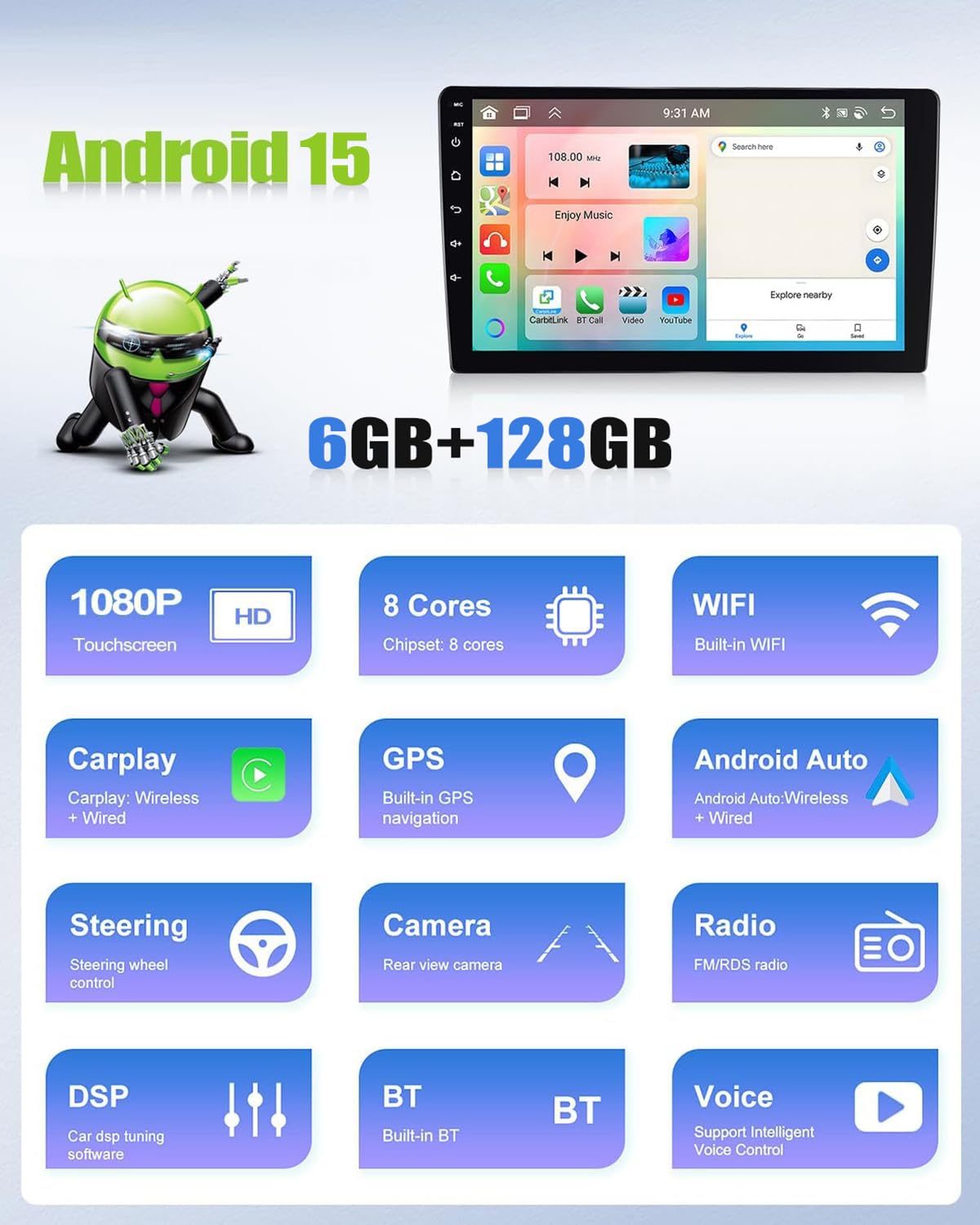 [6+128G 8-Core] CAMECHO Android 15 Autoradio per Fiat Ducato/Peugeot Boxer/Citroen Jumper, DSP Carplay Wireless, 9" Stereo con Schermo Bluetooth Stereo Auto GPS WiFi FM/RDS MirrorLink+Telecamera