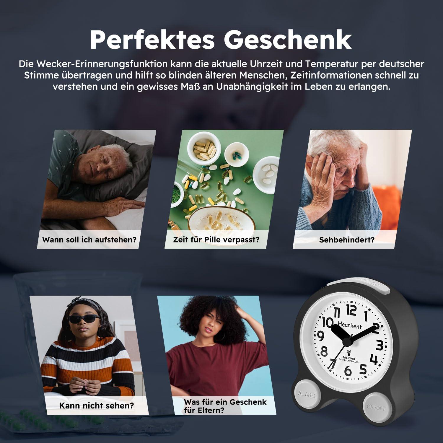 Hearkent Sprechende Wecker,Funk-Sprechuhr mit Deutscher Stimme-2218 Schwarz | Hintergrundbeleuchtung und 5 separaten Alarmsätzen,Ideal für Senioren,Blinde,Demenzkranke und sehbehinderte