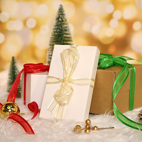 Miniatura 3 de Tatuo Cinta de organza con borde de satén de Navidad de 150 yardas con bordes dorados con purpurina que envuelve la decoración navideña (rojo, verde