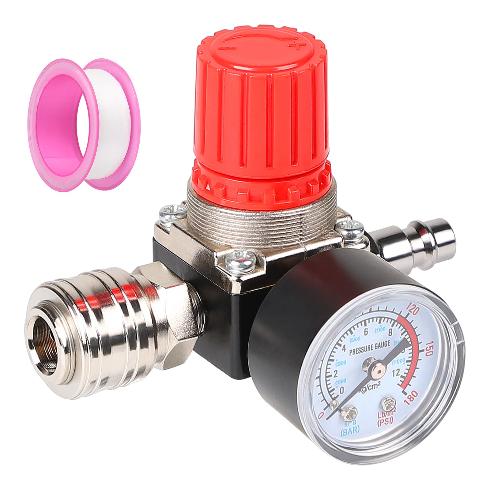 CPROSP Pressure Regulator Compressed Air 1/4 Inch 3 Holes with Teflon Tape and Pressure Gauge