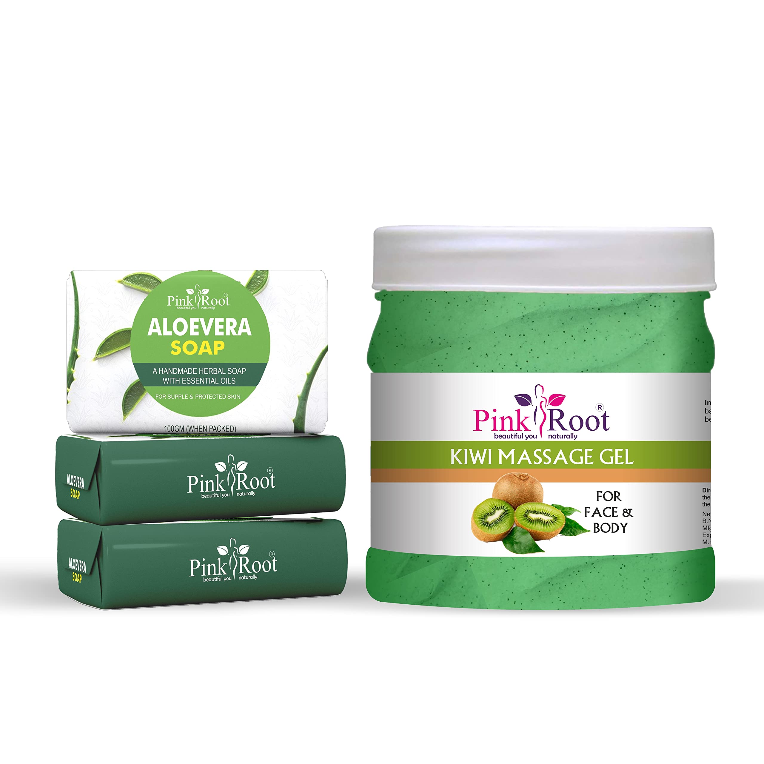 Pink RootKiwi Massage Gel 500ml with Aloevera Soap 100gm (Pack Of 3)