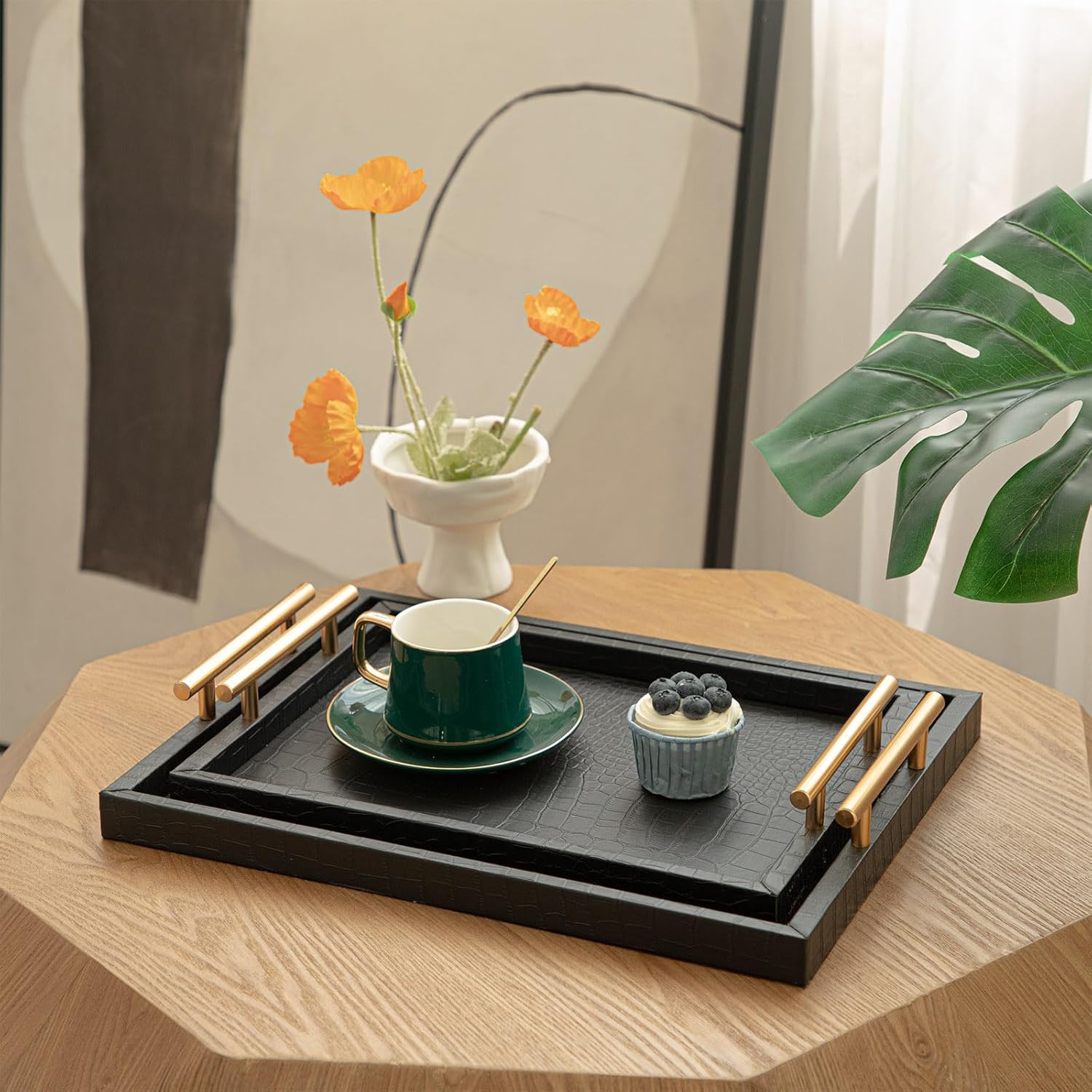 Set of 2 Modern Elegant Large Wood Serving Tray, Rectangle Decorative Tray Ottoman Tay Coffee Table Tray, Black Crocodile Leather with Gold Polished Metal Handles - Image 2