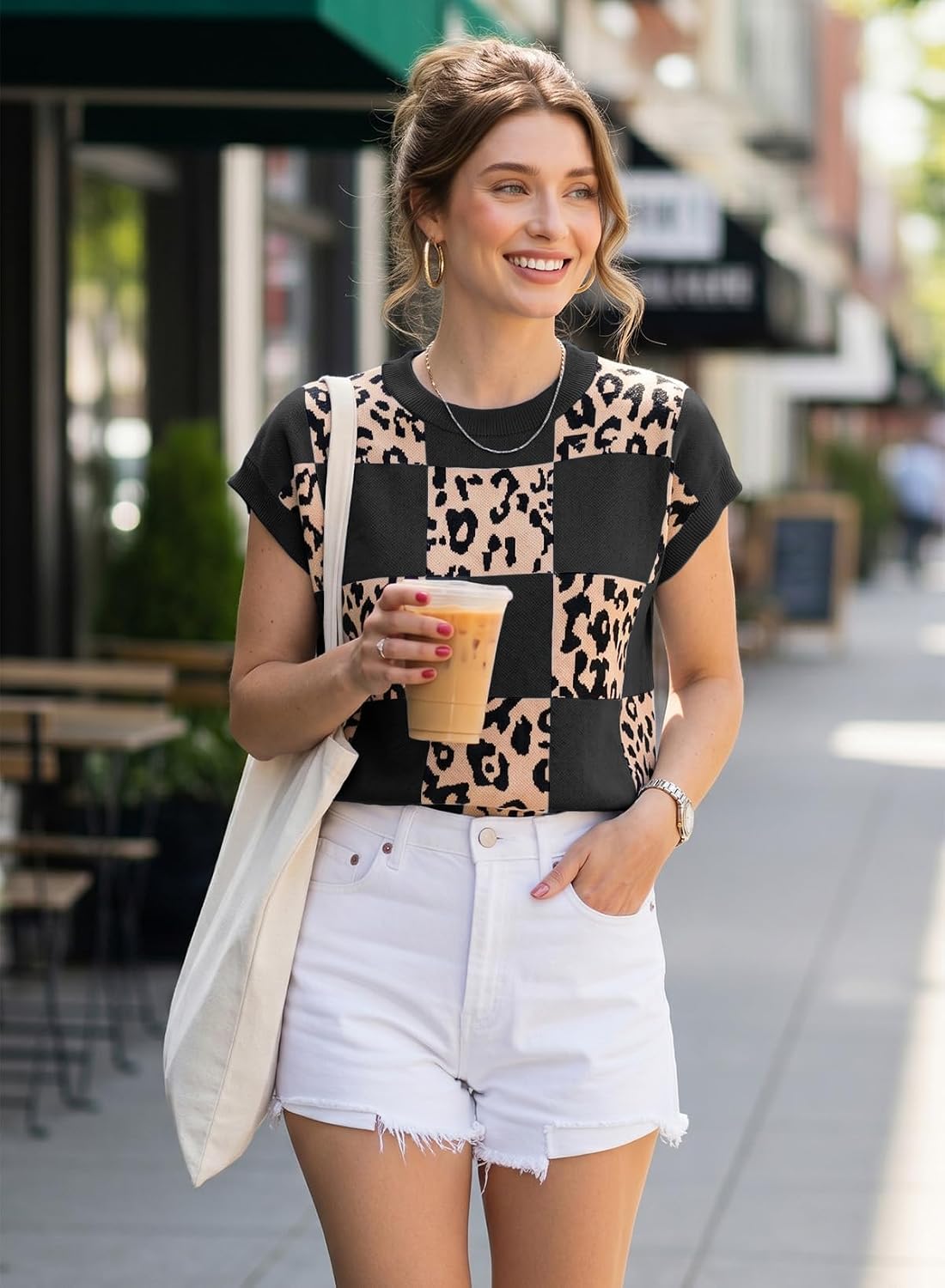 EVALESS Sweater Vest Women Crewneck Short Sleeve Color Block Leopard Print Tops 2026 Summer Fall Trendy Sweaters Clothes