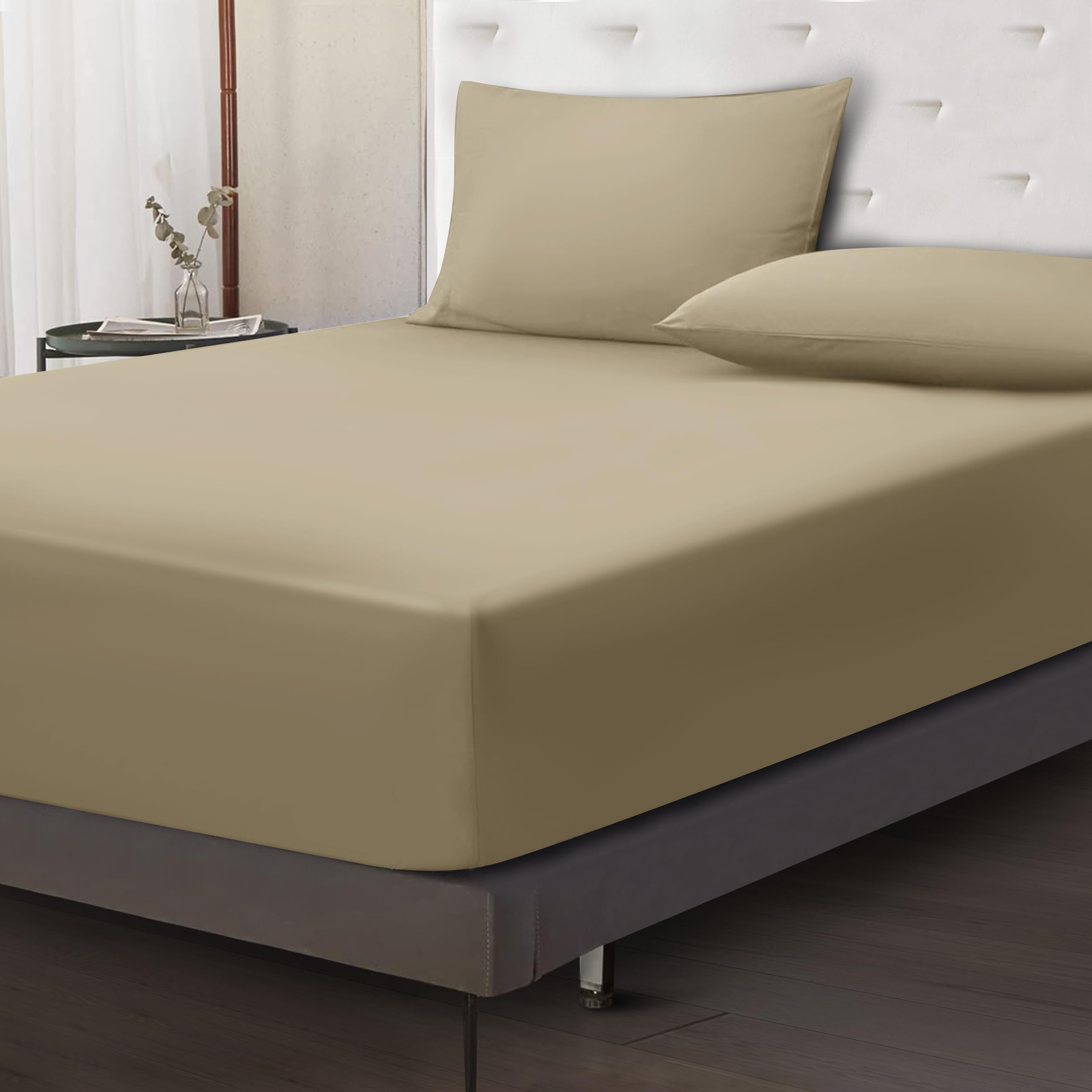 Moonlight BeddingFitted Sheet 40 Cm Extra Deep Pocket Bed Sheets 16 inch Ultra Soft Bottom Sheet Brushed Microfiber Breathable Shrinkage and Fade Resistant (Beige, King)