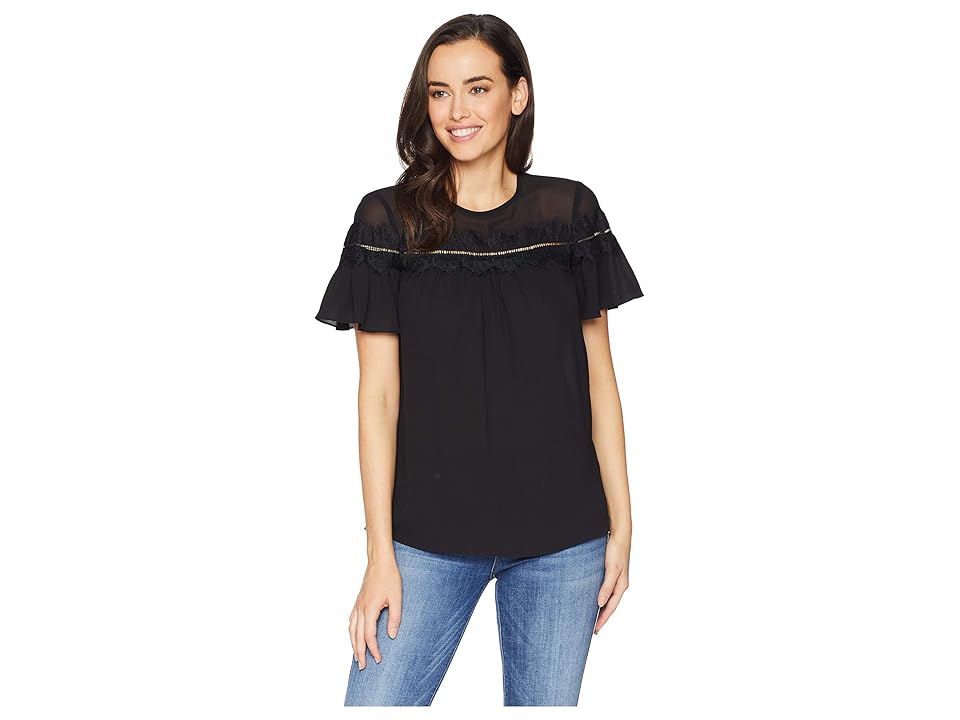 

MICHAEL Michael Kors Lace Trim Short Sleeve Top (Black) Women's Clothing