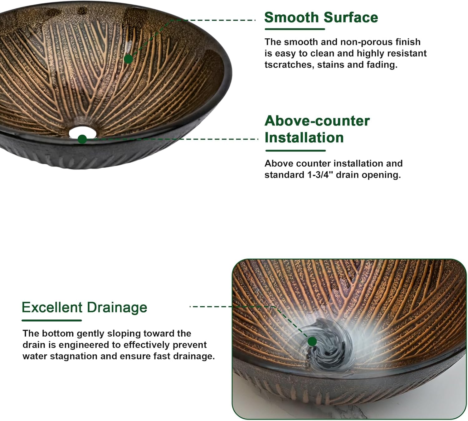 Sarlai Bathroom Vessel Sink Tempered Glass Round Vessel Sink with Pop-up Drain Combo 16-1/2 x 16-1/2 Inch Brown Countertop Bathroom Sink Basin