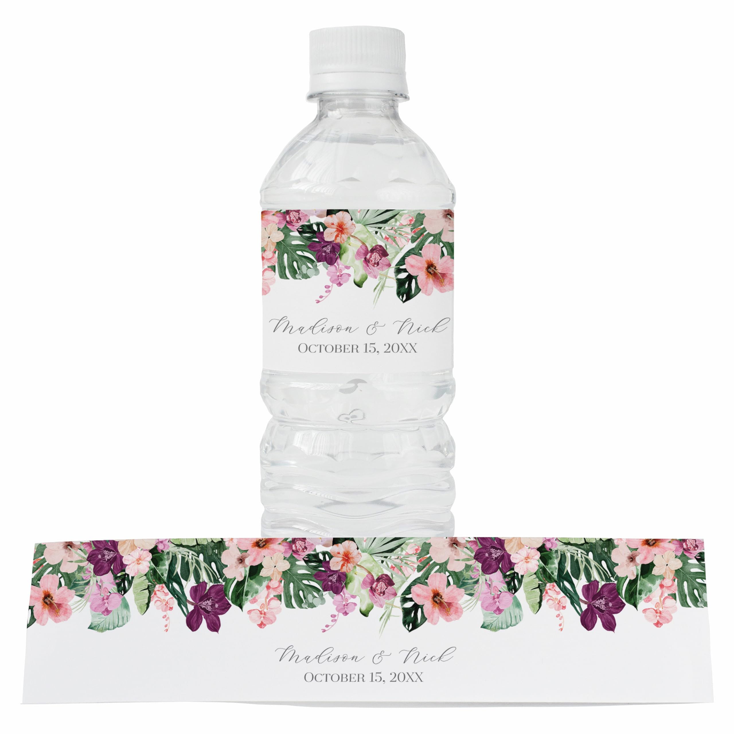 Personalized Water Bottle Labels with Choice of 30 Flower Styles - Choose Font and Pre-Made Phrases or Design Custom Text - LABELS ONLY (007 Tropical