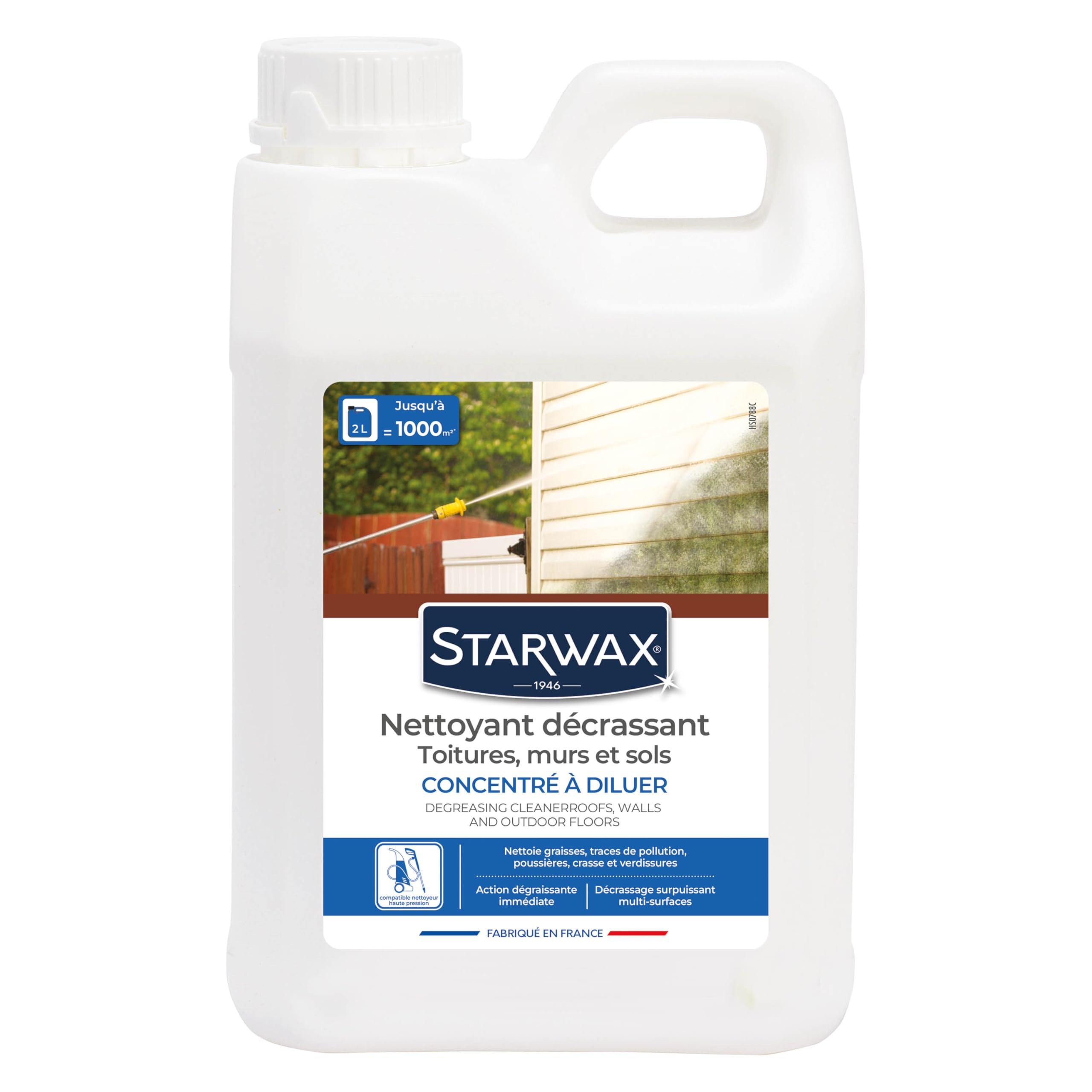 STARWAX - Nettoyant Décrassant pour Toitures, Murs, Sols Extérieurs - Surpuissant - Nettoie Graisses, Suies et Verdissures - Compatible Nettoyeurs Haute Pression - Fabriqué en France - 2L - 1000m²