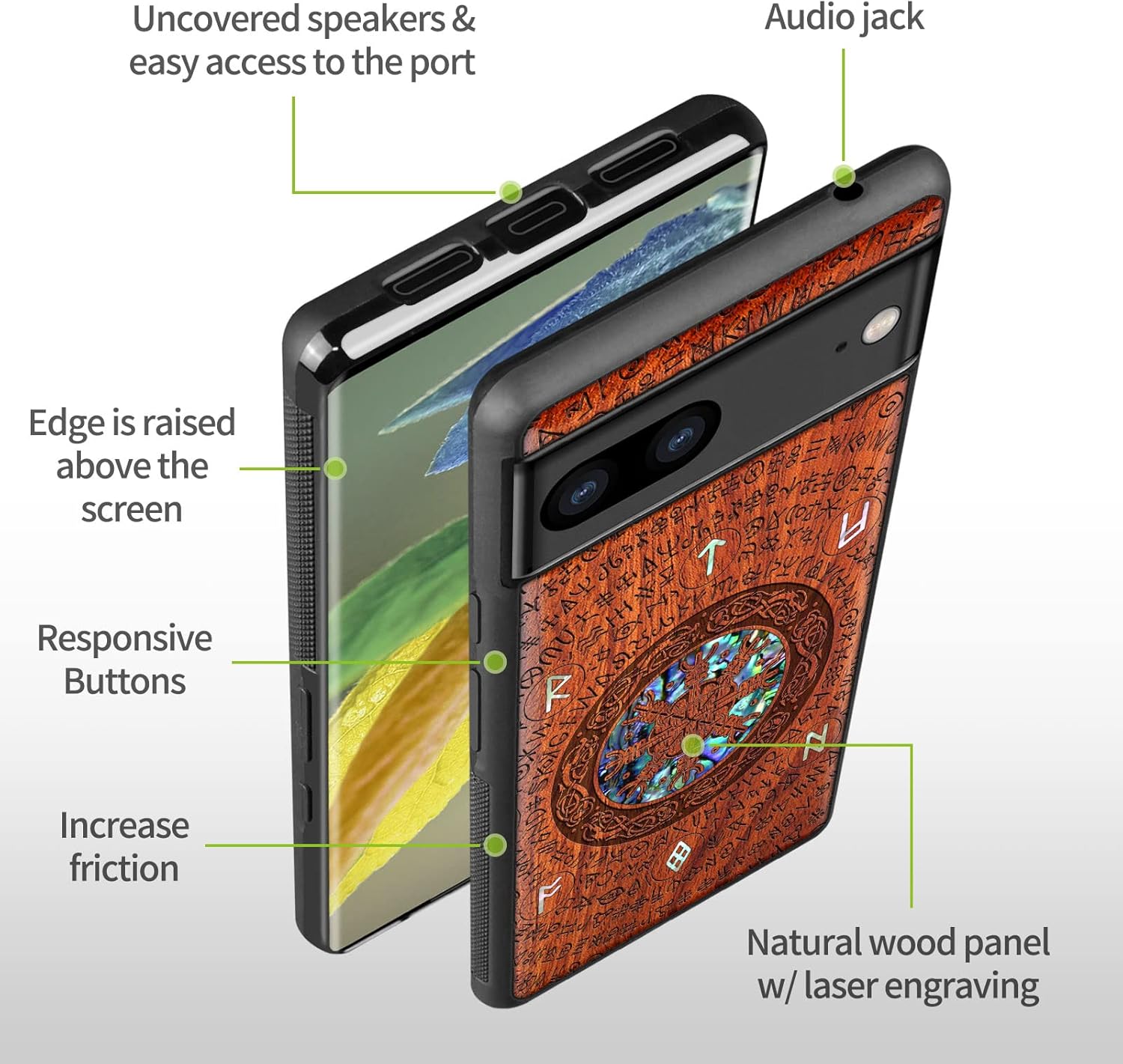 Carveit Designer Wooden Case for Google Pixel 8 Case Protective Cover [Wood Engraving & Shell Inlay] Compatible with Wireless Chargers Pixel 8 (Viking-Rosy)