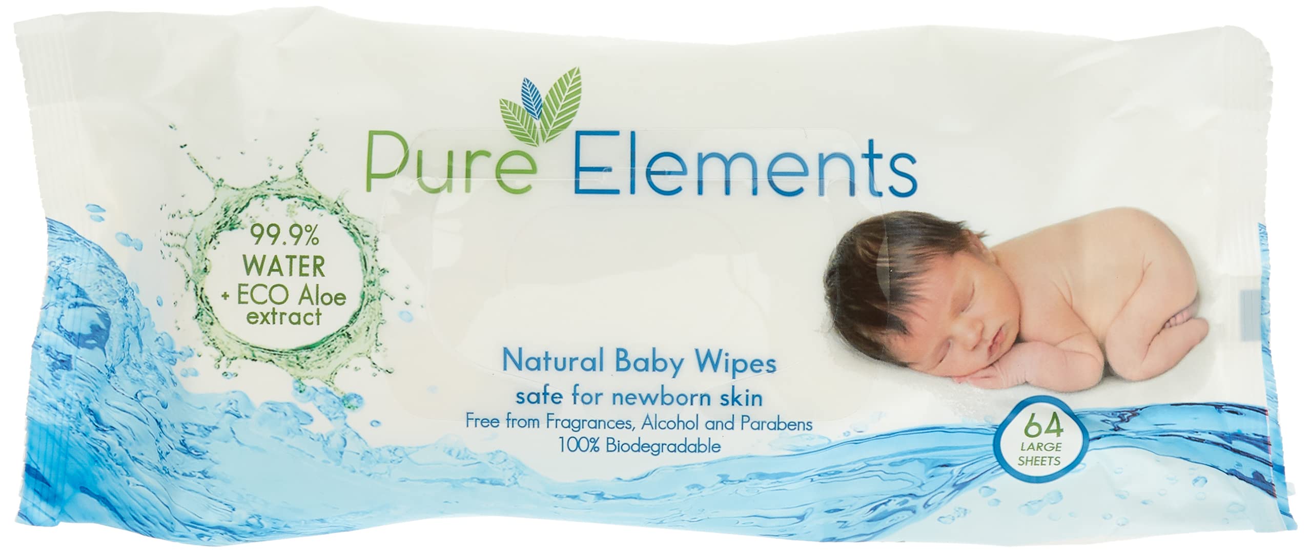 Pure Elements Natural Water Wipes With Aloe Extract, Value Pack 4 X 64 Sheets(256)