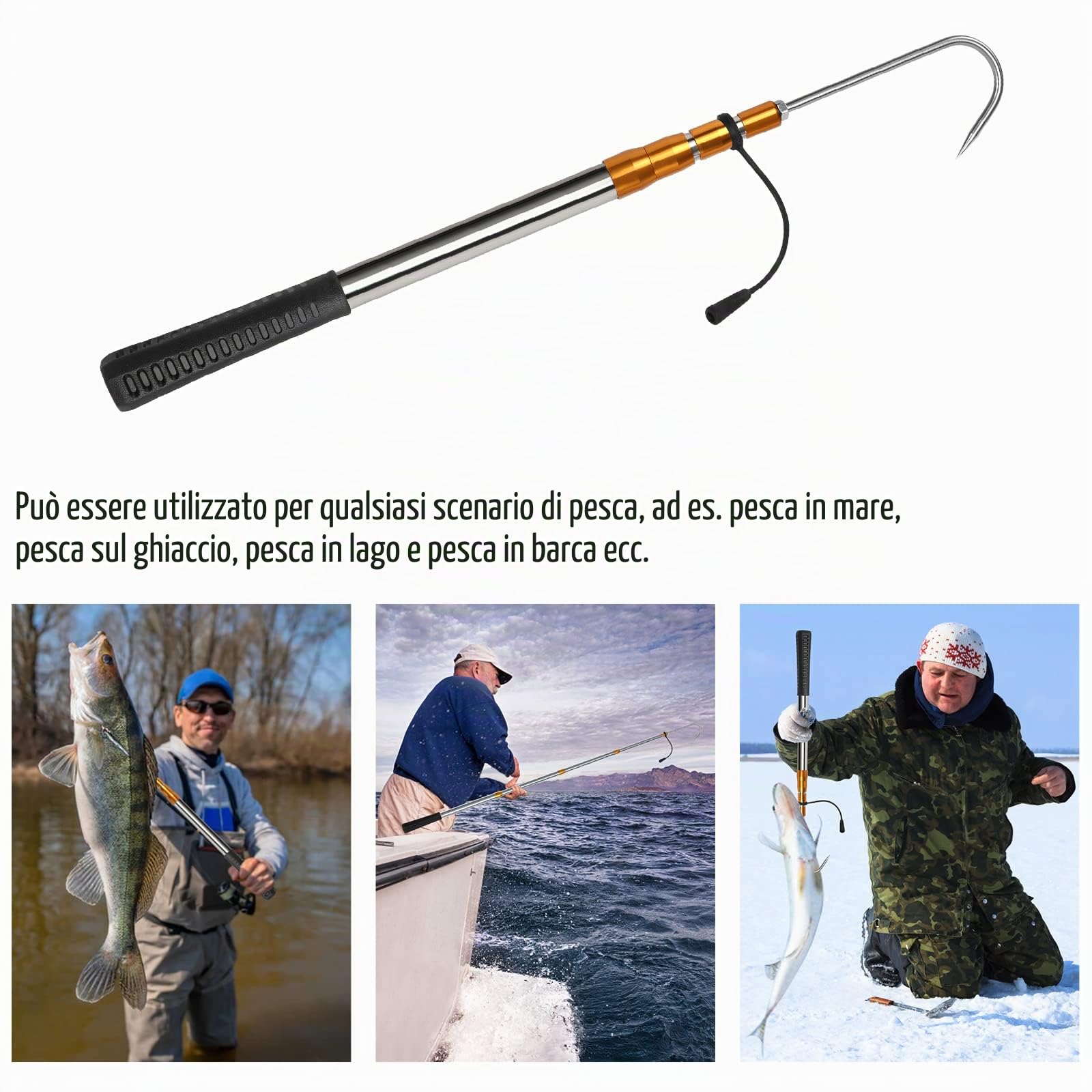 KOMCLUB Ghiera telescopica con gancio a lancia in acciaio inox, asta in lega di alluminio con manico morbido per attrezzi da ghiaccio offshore in acqua salata