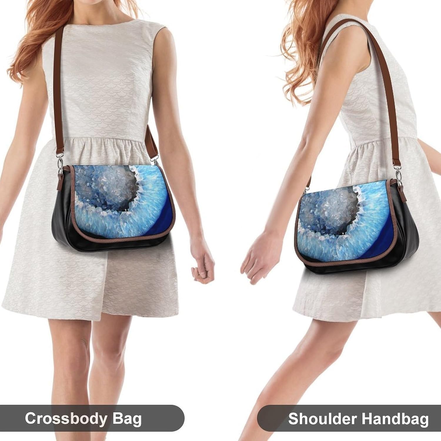 Fallen Blue Crystal GeodeWomen's Faux Leather Crossbody Bag, Waterproof Wrinkle-Resistant Shoulder Bag with Detachable Strap, Large Capacity Casual Handbag, Fashion Daily Purse for Shopping Work Datin