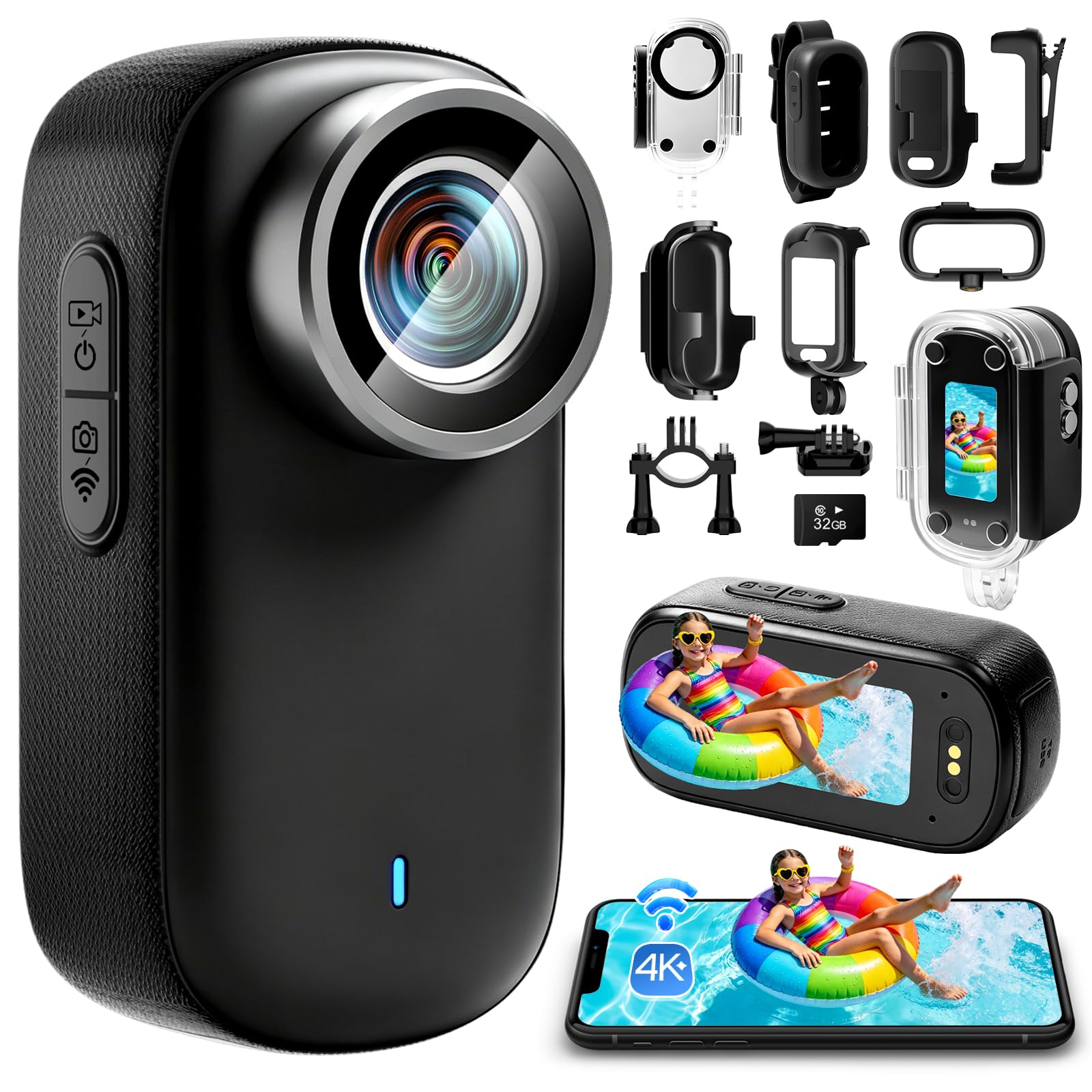 Mini Caméra Sport 4K, 32GB Action Cam WiFi, 150° Portable Caméra Corporelle