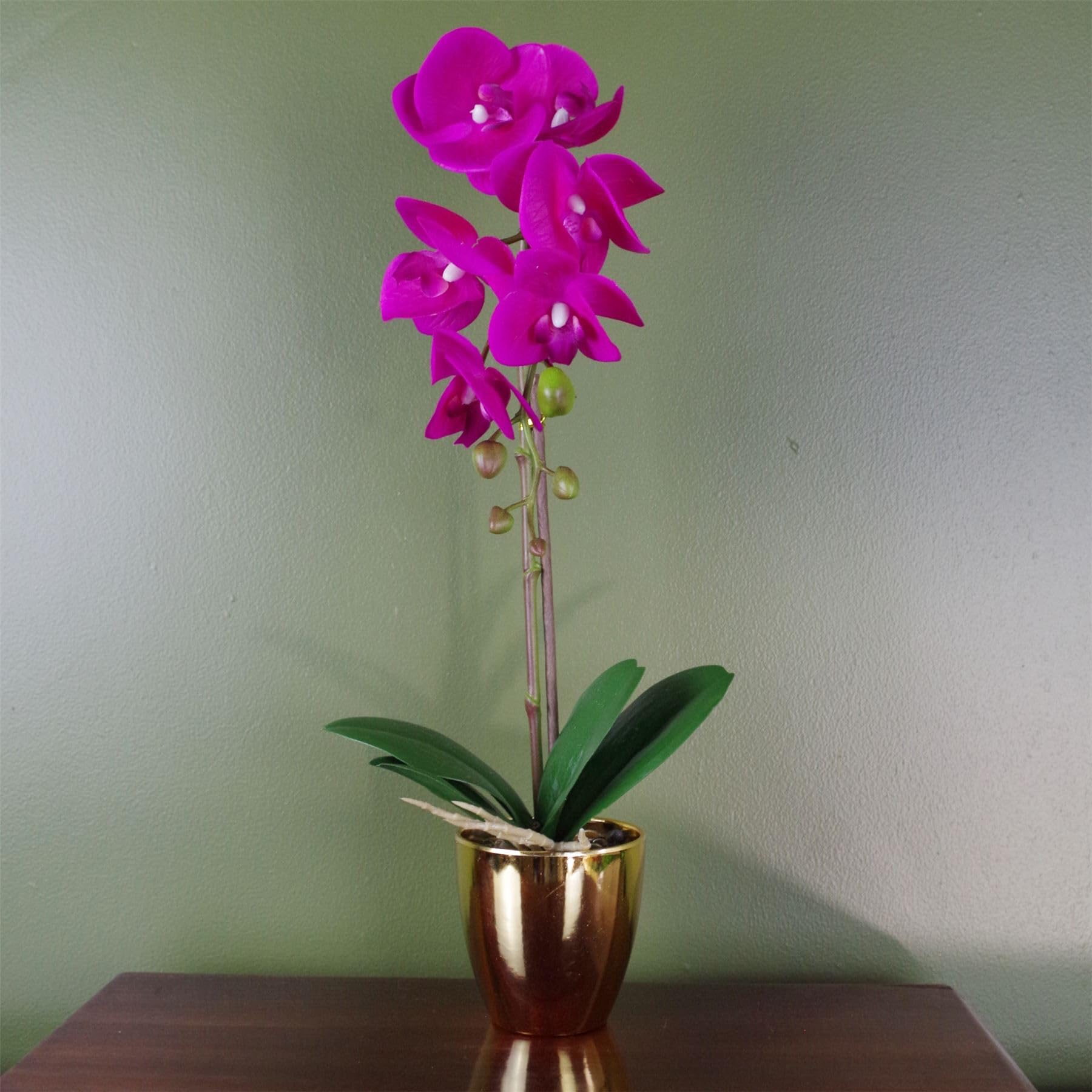Leaf 46cm Artificial Orchid Dark Pink / Gold Realistic Real Touch Flowers - Decorative Pot