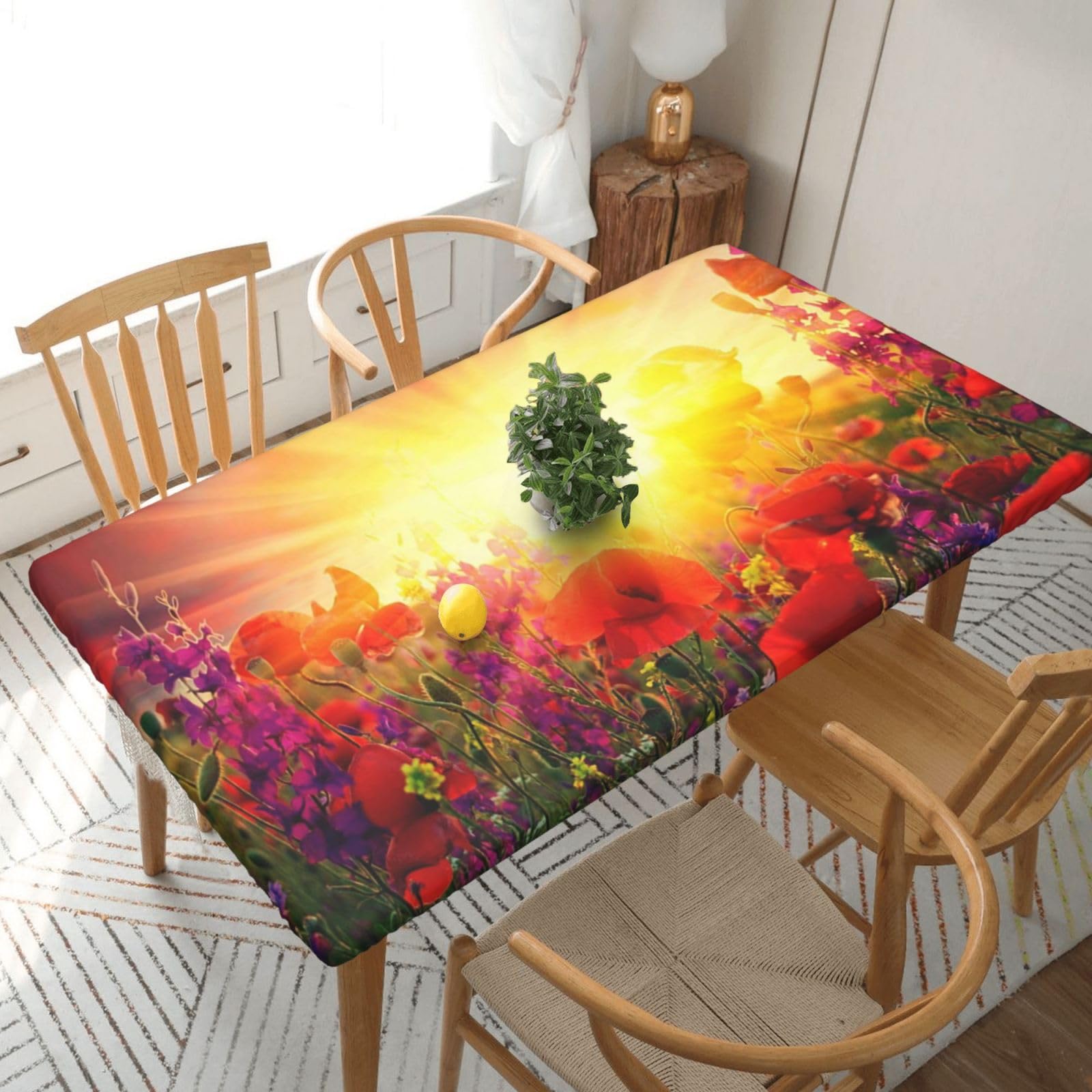 DCEHGEW Elastic Fitted Rectangle Tablecloth for 5ft Tables, Sunrise Red Flowers Printed Oilproof & Washable Fabric Picnic Table Cloth Table Covers