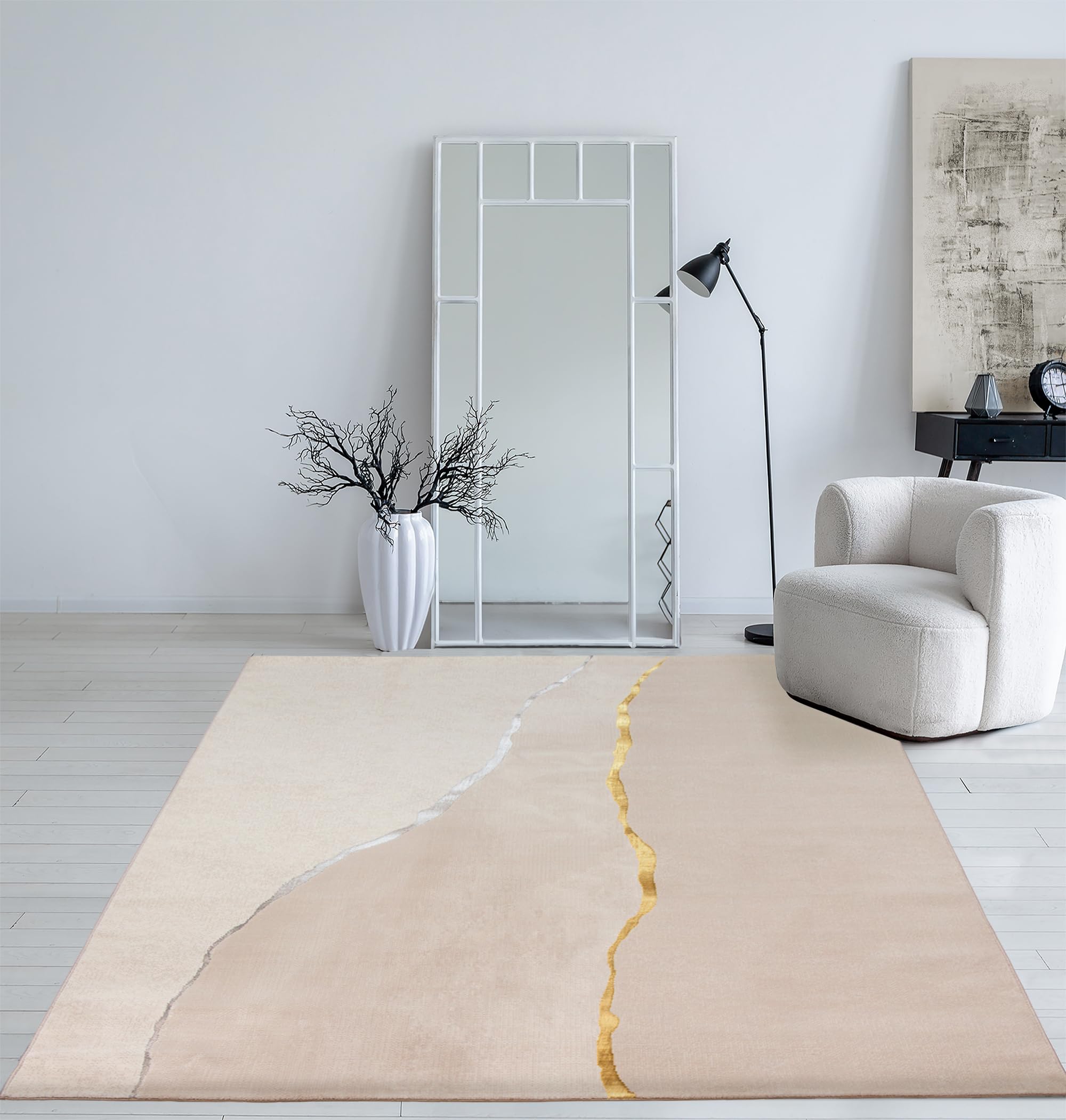 Mia's Teppiche Cielo - Alfombra Moderna y densa, de Pelo Corto, para salón, Dormitorio, Elegante Brillo, Fibra Brillante, Efecto de Pluma, Color Crema, 160 x 230 cm