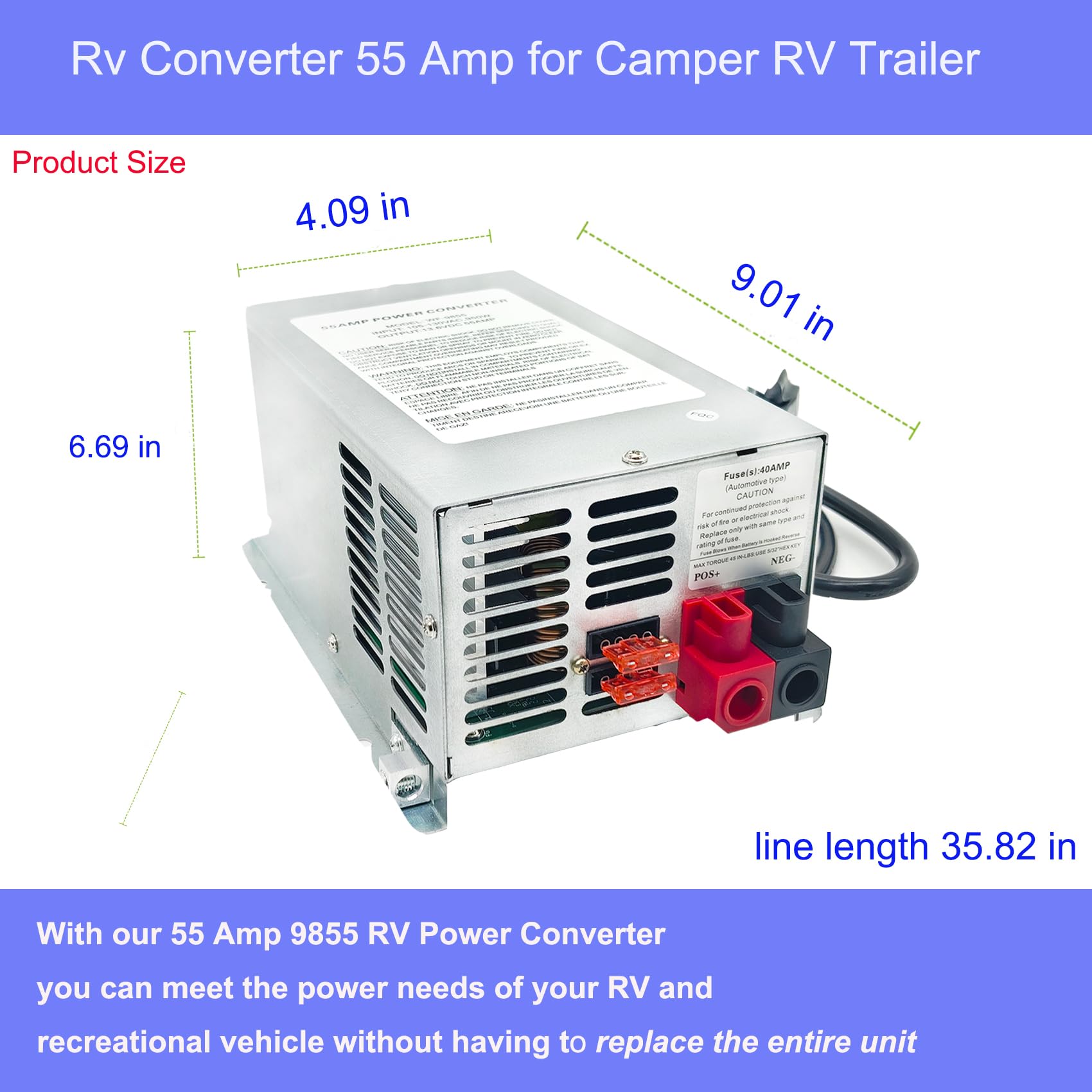 WF-9855 - Convertidor de alimentación RV de montaje en cubierta de 55 amperios, repuesto para RV, remolque, cámper, serie 9800