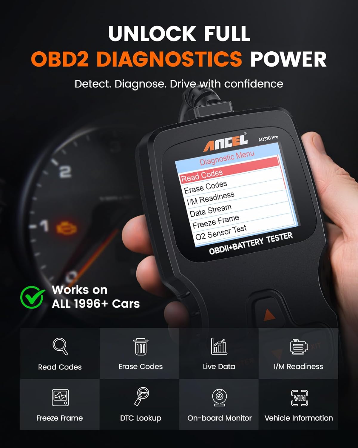 ANCEL AD310 Pro 2-in-1 OBD2 Scanner & Car Battery Tester, Diagnostic Tool with Bluetooth APP for iPhone & Android, Performance Test, Trip Analysis, Engine Health Self Check for All 1996+ Vehicles - Image 3