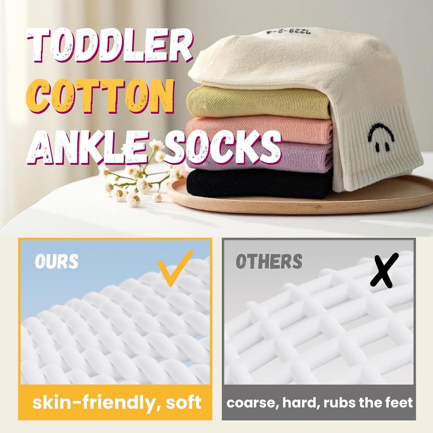 Toddler Boys Girls Crew Socks, Happy Face Unisex Kids Soft Cotton Solid Color Dress Ankle Socks, Pack of 5