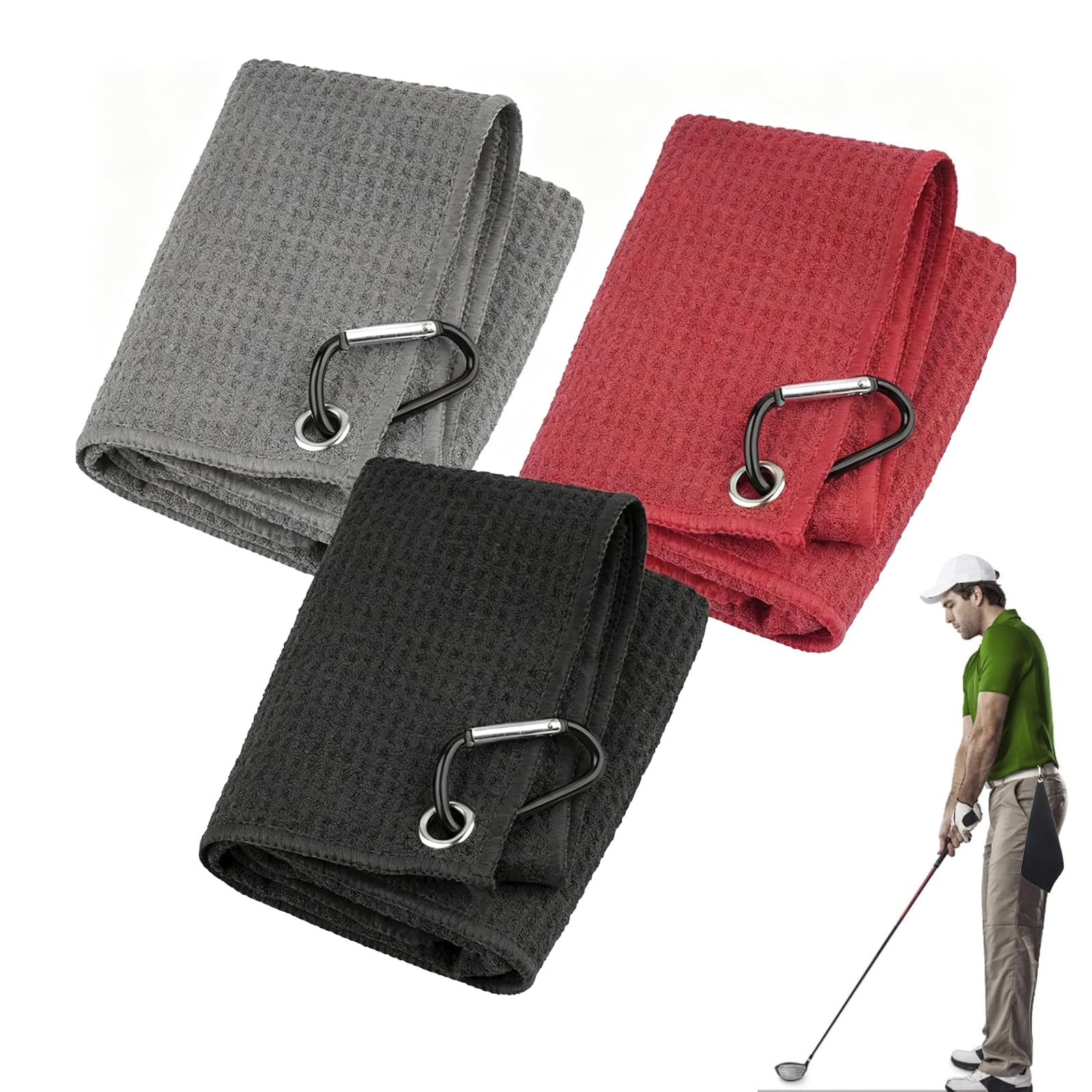 Classic Golf Towels - 3PCS 30×30cm Microfiber Waffle Golf Towels with Carabiner Clip, Black Red Grey Golf Accessories, Absorbent Cleaning Towels for Golfers Men Women Kids, Golf Gifts for Dad Husband