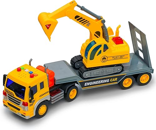 Camión de remolque con excavadora - Luces y sonidos de construcción, semi de plataforma plana para niños mayores de 2 años