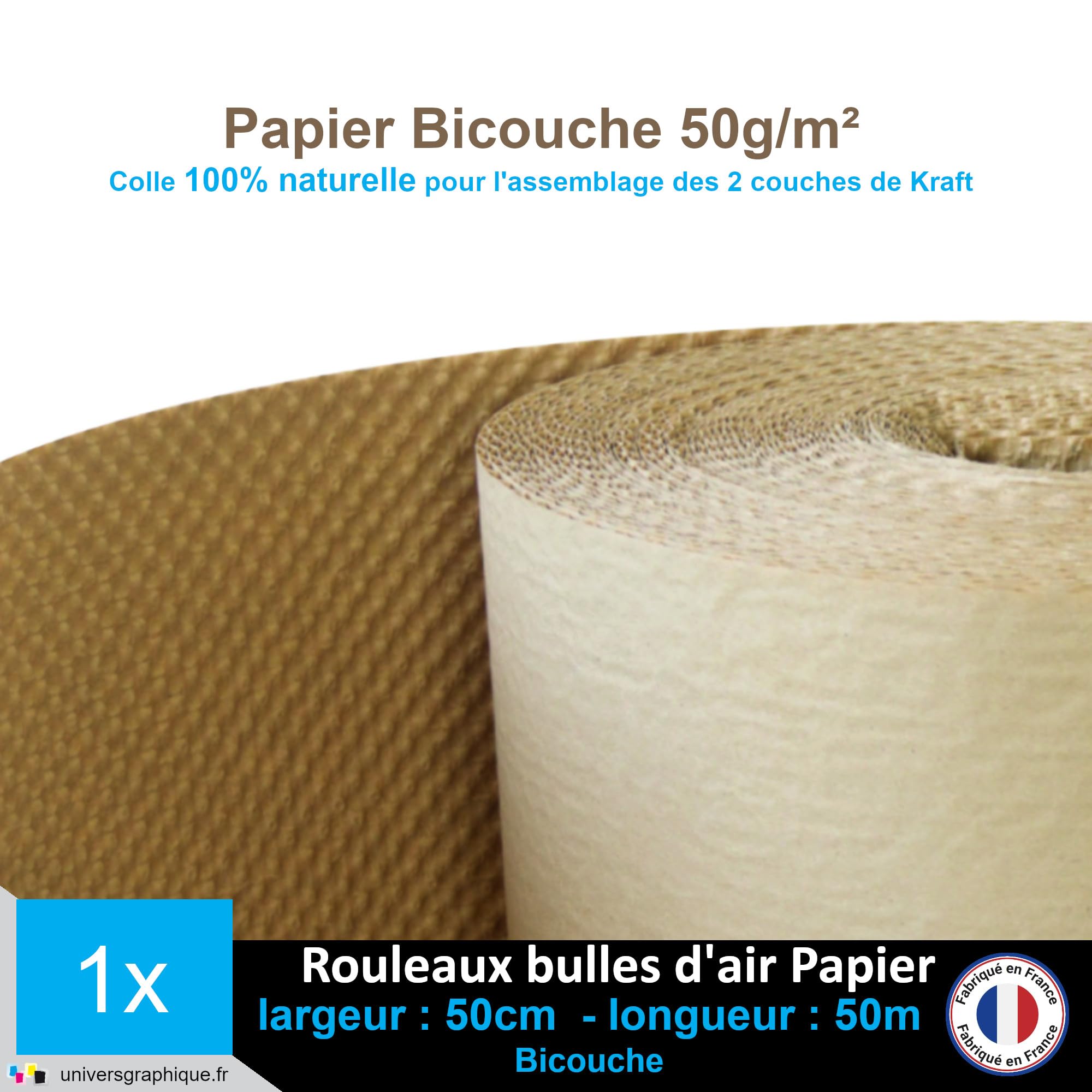 Rouleau Papier Bulle Kraft bicouche 50 g/m², 50cm de hauteur x 50 mètres de longueur et 42cm de diamètre pour calage et protection de contenu de colis.