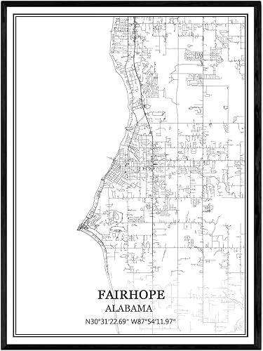 TANOKCRS Fairhope - Póster de pared con diseño de mapa de Alabama, Estados Unidos, América, sin marco, moderno, en blanco y negro, regalo de