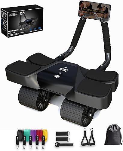 Miniatura 2 de Ab Roller - Equipo de gimnasio en casa – Rodillo muscular de 4 ruedas con pantalla LCD, 5 bandas de resistencia, correas de tobillo, anclaje