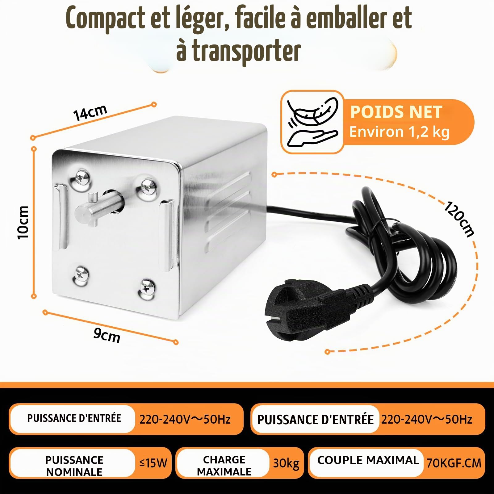 Moteur Tourne Broche Électrique pour Rotissoire Poulet, Moteur Barbecue Électrique 220V pour Rotissoire Verticale, Capacité de 30 kg, pour Barbecues en Extérieur, Réunions de Famille, Pique-Niques