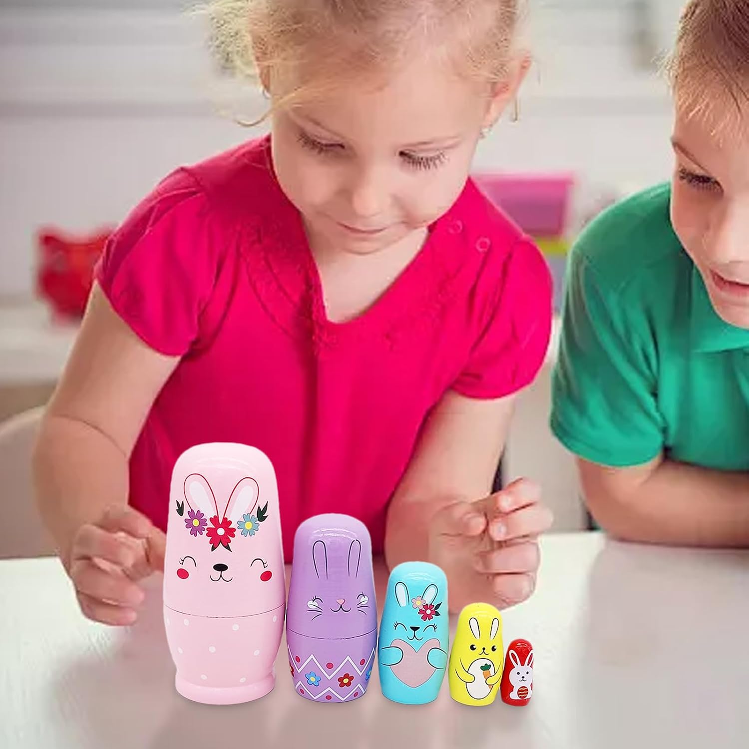 Rabbits Nesting Dolls – Wood | Russian Nesting Doll | Rabbit Wooden NES-ting Doll Handmade Cartoon Stacking Dolls for Kids Educational Stacking Playsets Boys Girls Cartoon Home Decoration Ornament