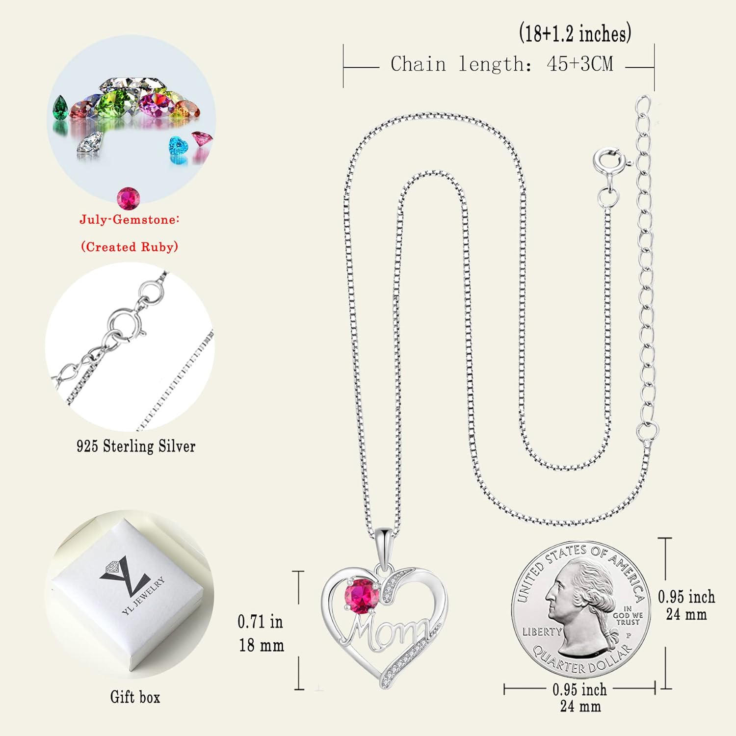 YL 925 Sterling Silver Heart Necklace for Women Love Mom Pendant Birthstone Jewelry for Mother - Image 7