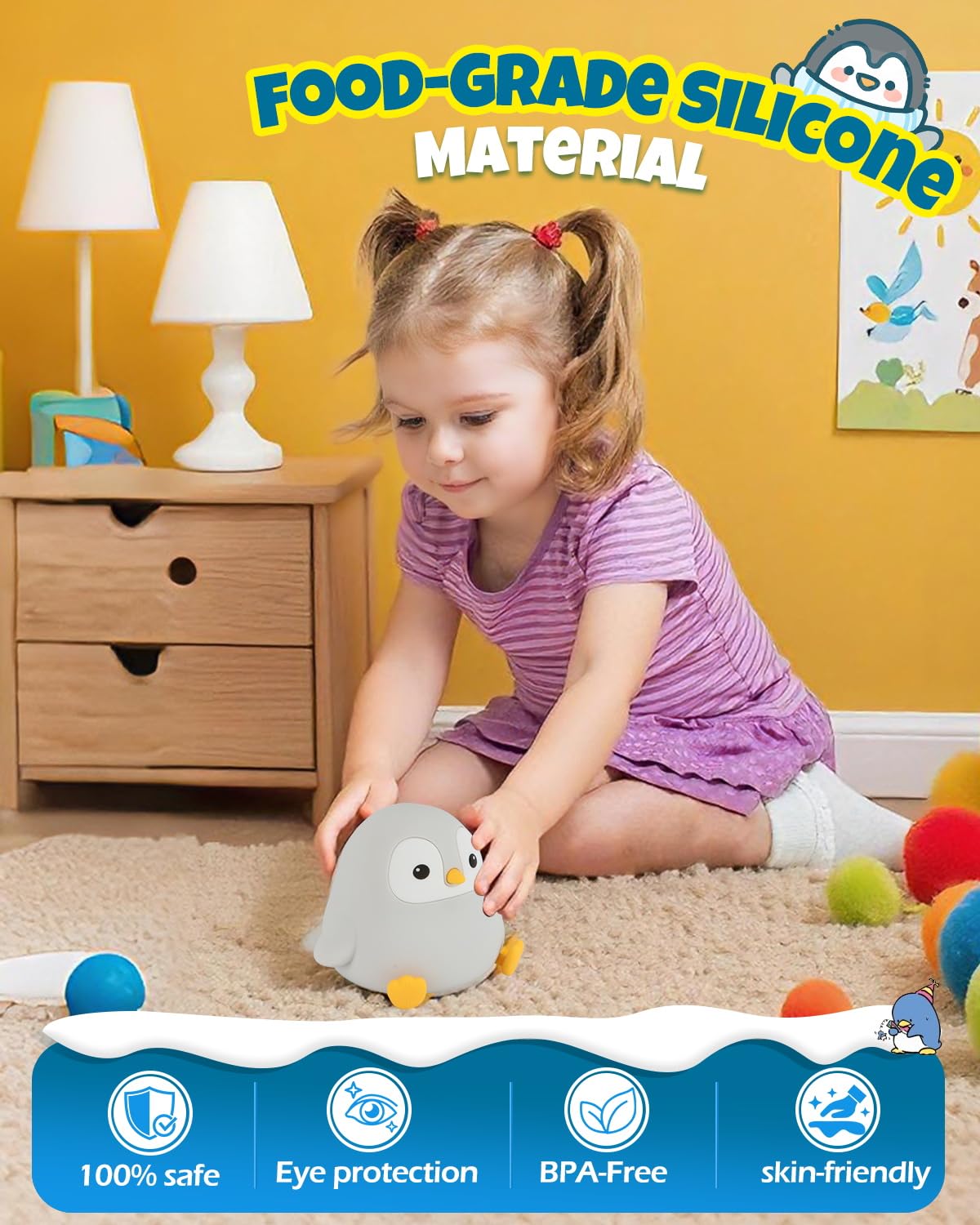 Niedliches Pinguin-Nachtlicht, Tierlampe, lebensmittelechtes Silikon, wiederaufladbar, 2 Stufen dimmbar, Squishy Kinderzimmer Nachtlicht für Schreibtischdekoration, lustige Geschenke für Jungen