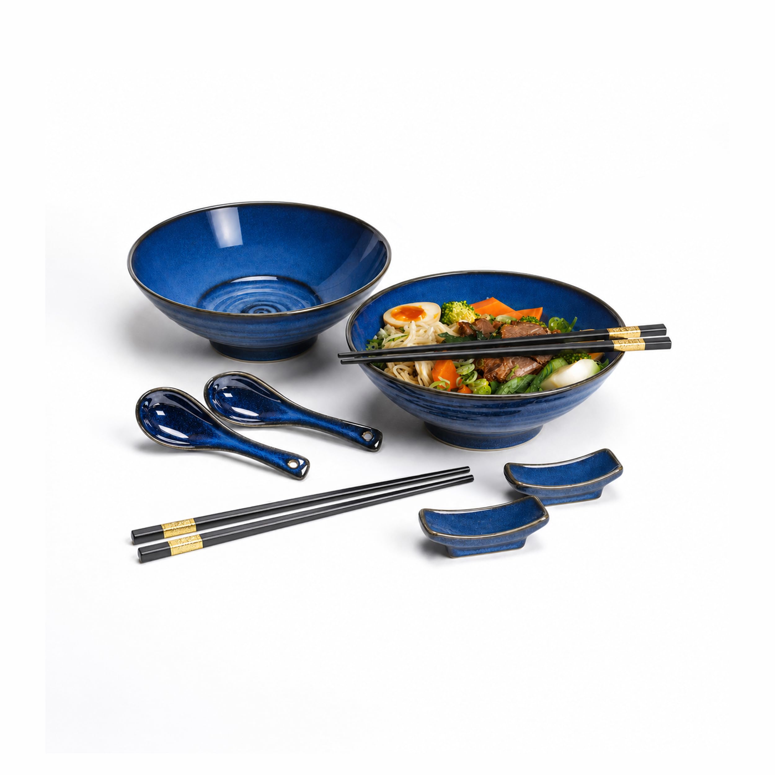 Premium Ramen Schüssel 8-teiliges Set im JAPANISCHEN DESIGN - Keramik Ramen & Suppen Bowl inkl. Essstäbchen & Löffel - Geschirr & Schale asiatisch für Pho-Suppe, Müsli & Salat