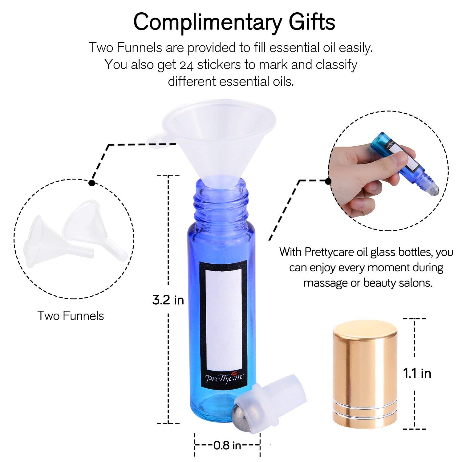 PrettyCare Bottiglie a rullo per oli da 10 ml (vetro multicolore, confezione da 60, 10 sfere extra in acciaio inossidabile, 72 etichette, 4 apribottiglie, 6 imbuti per oli essenziali, bottiglie