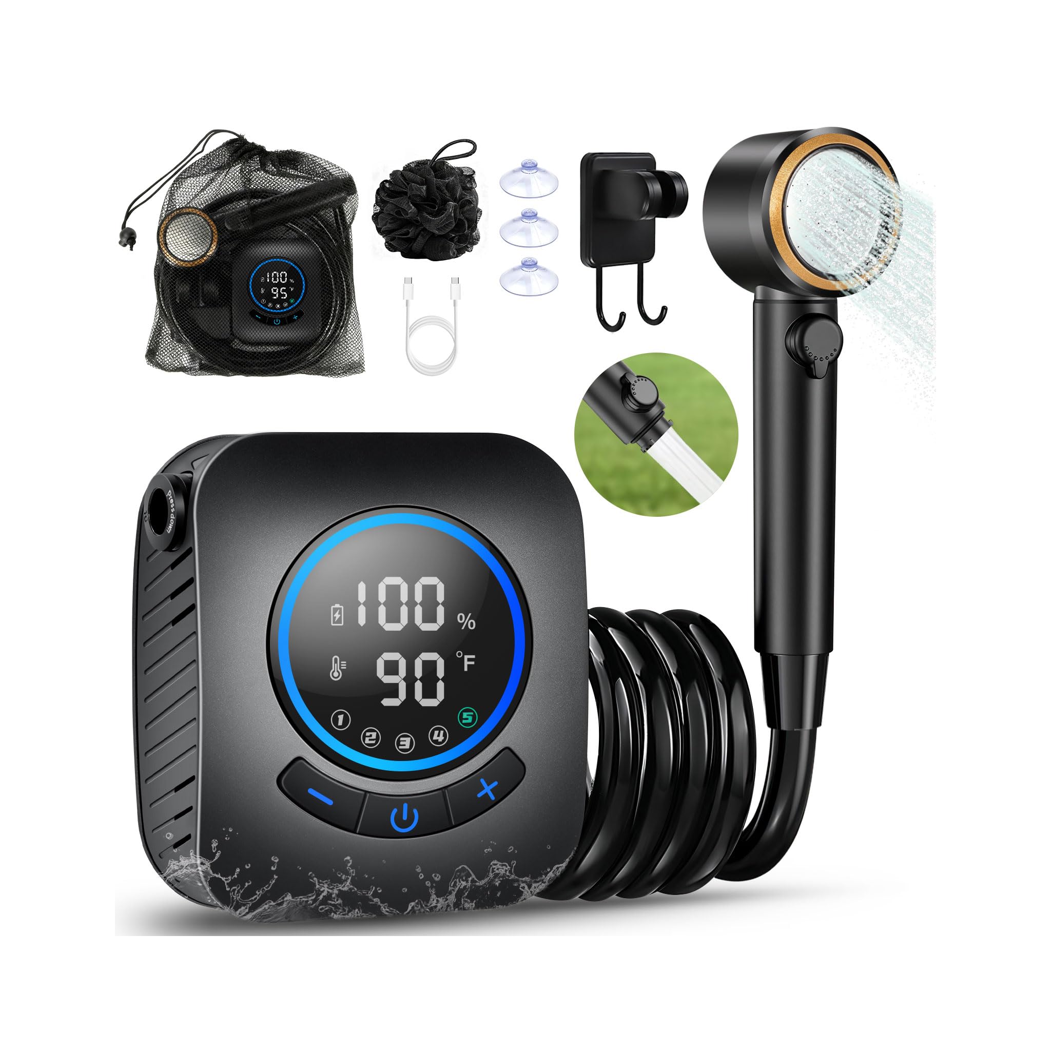Portable Shower for Camping, 8000mAh Rechargeable Camping Shower with 5 Adjustable Speeds, 4 Spray Modes, LED Display, Kit for Hiking, Travel, Car,