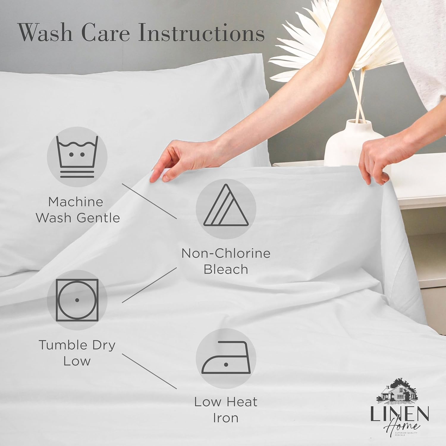 Linen Home Washed Cotton Percale Queen Sheet Set, White, Preshrunk, 4 Pieces Sets - 1 Flat, 1 Deep Pocket Fitted Sheet & 2 Envelope Closure Pillowcases, Soft, Cool and Comfortable Bed Linen - Image 7