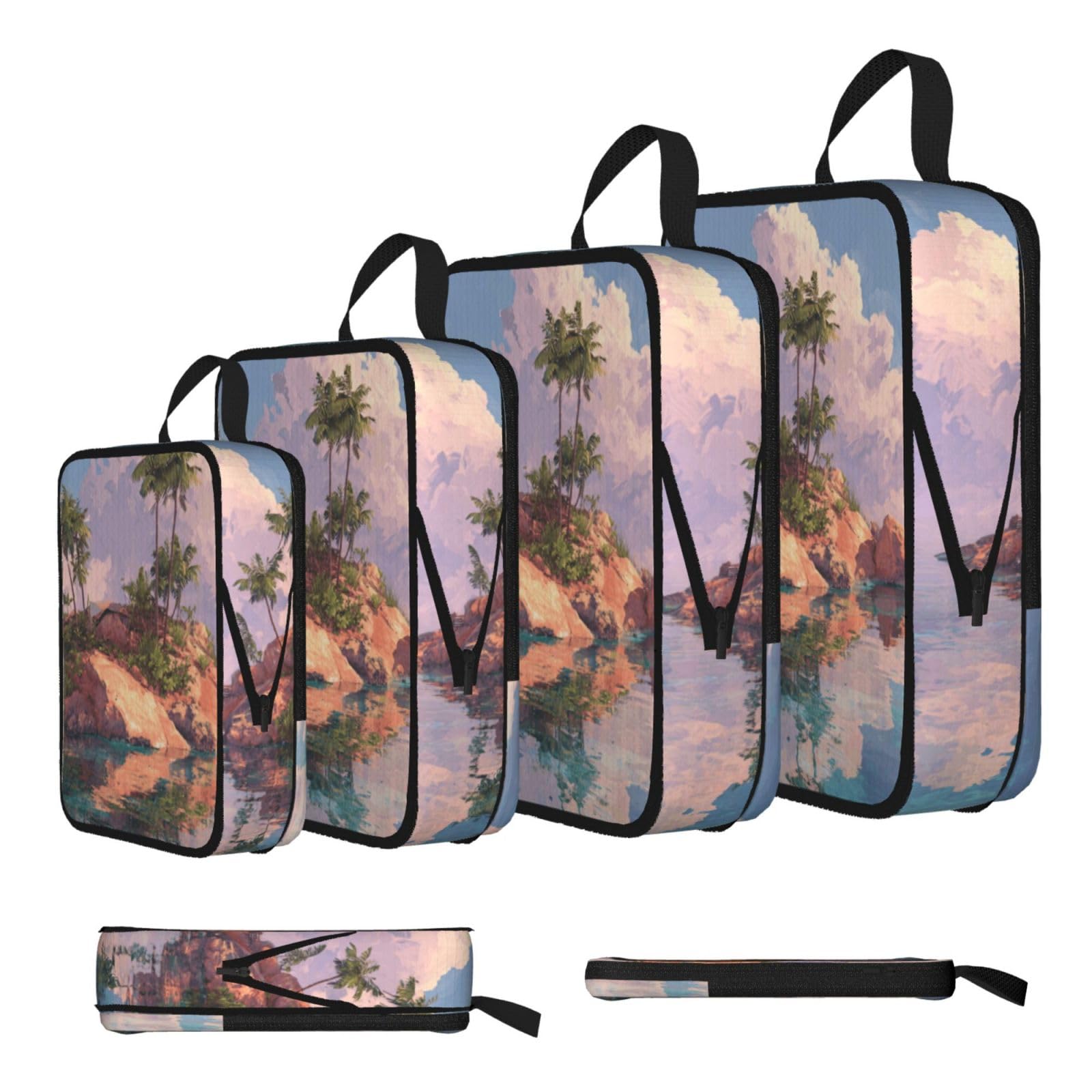Island Scenery Print 4 Set Compression Packing Cubes For Suitcases,Expandable Storage Bags Organizers
