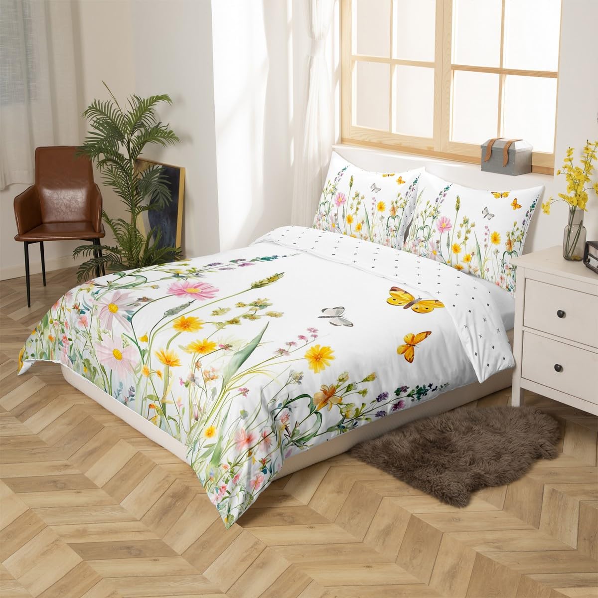 Homemissing Yellow Flowers Pattern Duvet Cover Set Double Size for Girls Adults Women Kids Butterflies Print Bedding Set Garden Flower Comforter Cover with 2 Pillowcases Nature Theme Zipper - Image 3