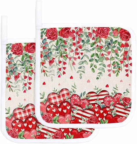 Miniatura 7 de 3 Packs Valentine's Eucalyptus Pot Holders Sets for Kitchen,Oven Pan Plate Bowl Pads Heat Proof Mat with Hanging Loop,Terry Cloth Potholders Soft