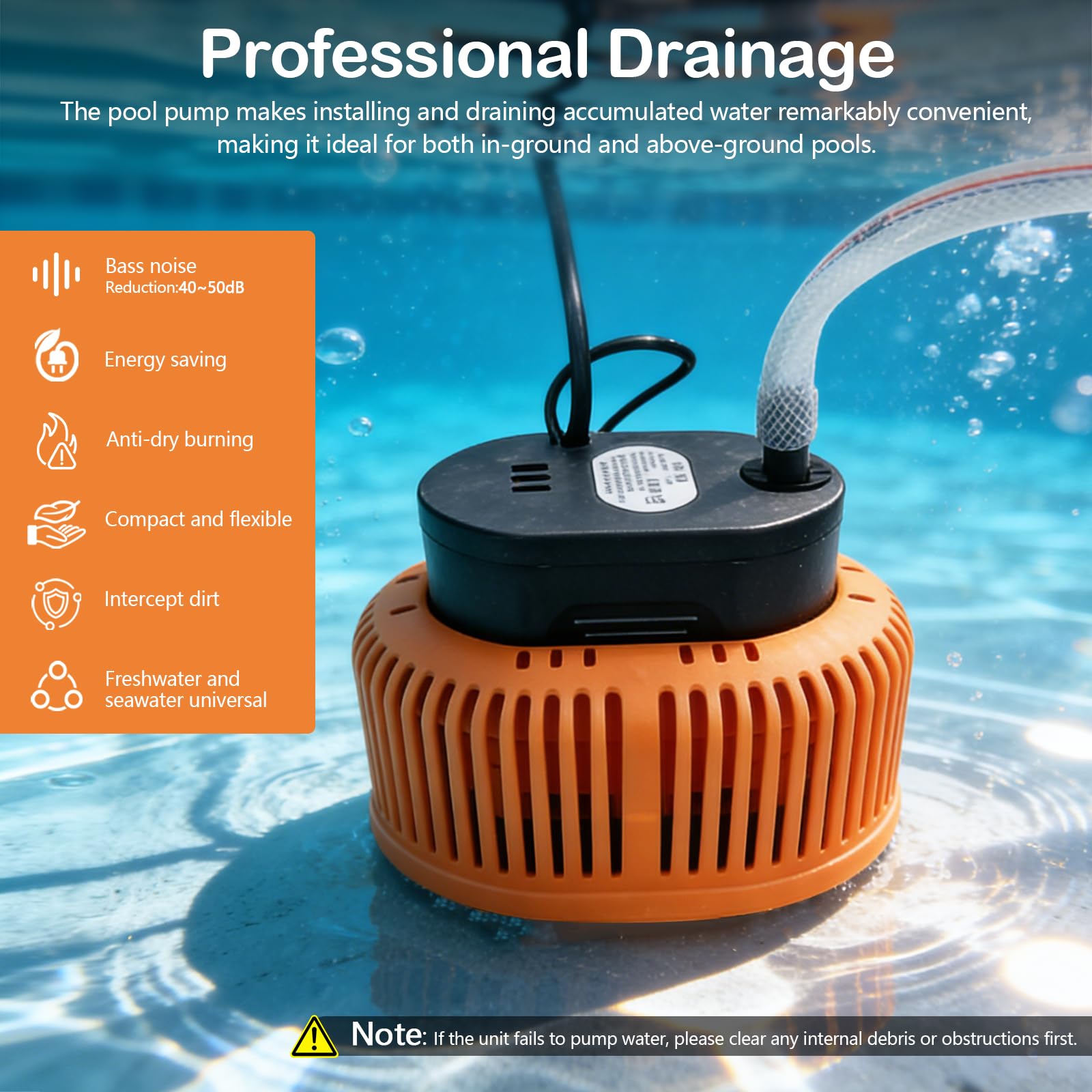 Pompa Sommergibile Acque Scure, Pompa Sommersa 75W 3200L/H pompa di Scarico per Copertura con Cavo da 7,2 m, 6 Adattatori Diversi, Tubo da 5 m Protezione Dalla Mancanza d'acqua