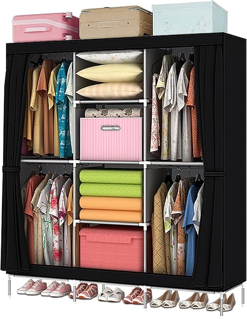 LOEFME Black Fabric Canvas Wardrobe Practical Durable Stylish Clothes Storage Wardrobes with 8 Shelves and 2 Hanging Rail Fortable Large Size 130×45×175cm